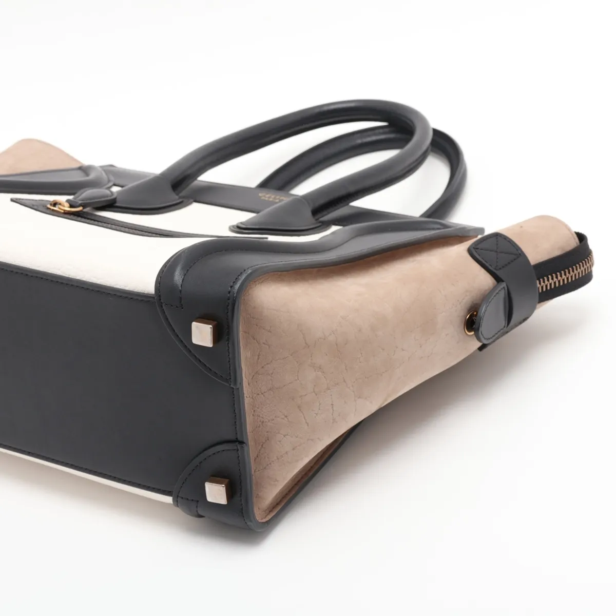 Luggage Micro Shopper Leather x Suede Handbag, Black x White x Beige — view 3
