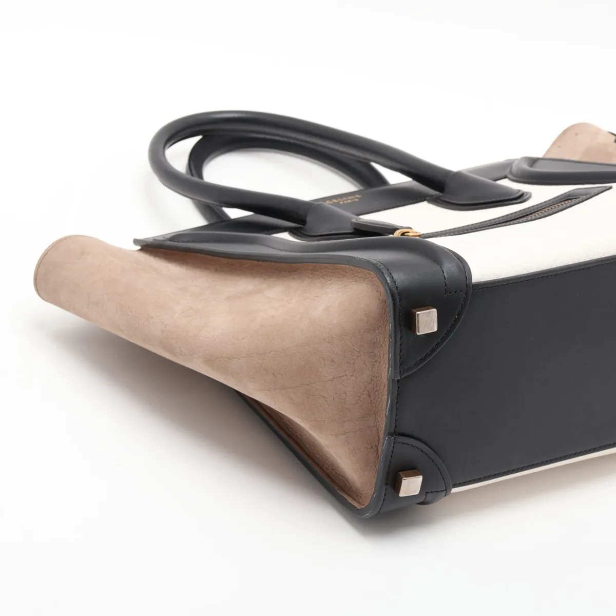 Luggage Micro Shopper Leather x Suede Handbag, Black x White x Beige — view 4