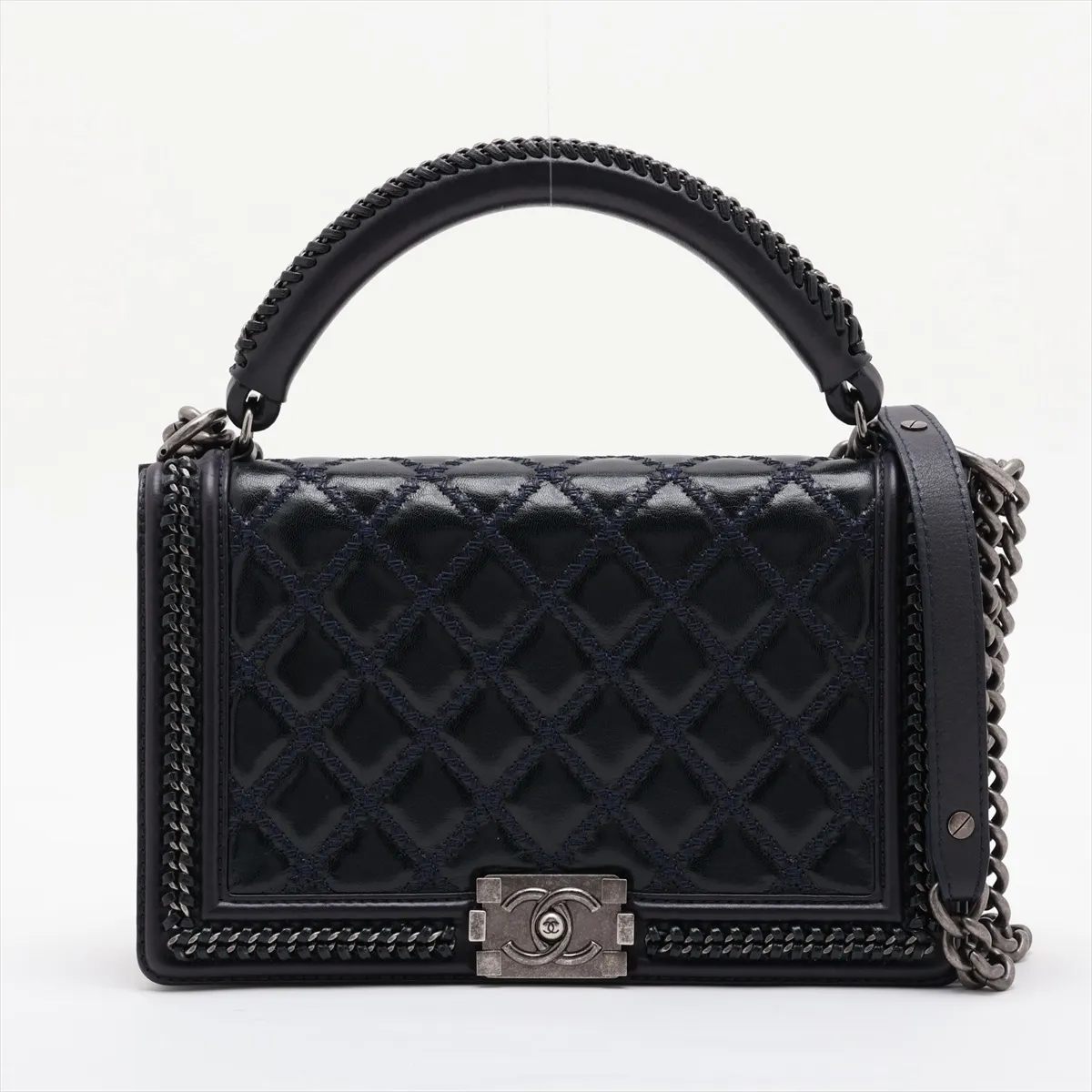 Boy Chanel 28 Large Leather Chain Shoulder Bag, Navy with Gunmetal Hardware, 21206419, Serial Number 21, A92193