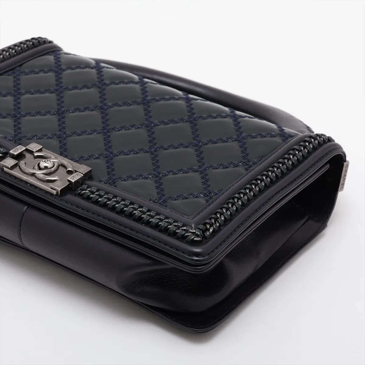 Boy Chanel 28 Large Leather Chain Shoulder Bag, Navy with Gunmetal Hardware, 21206419, Serial Number 21, A92193 — view 3