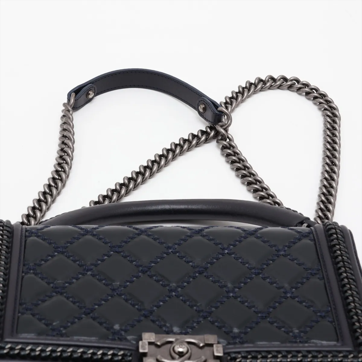 Boy Chanel 28 Large Leather Chain Shoulder Bag, Navy with Gunmetal Hardware, 21206419, Serial Number 21, A92193 — view 6