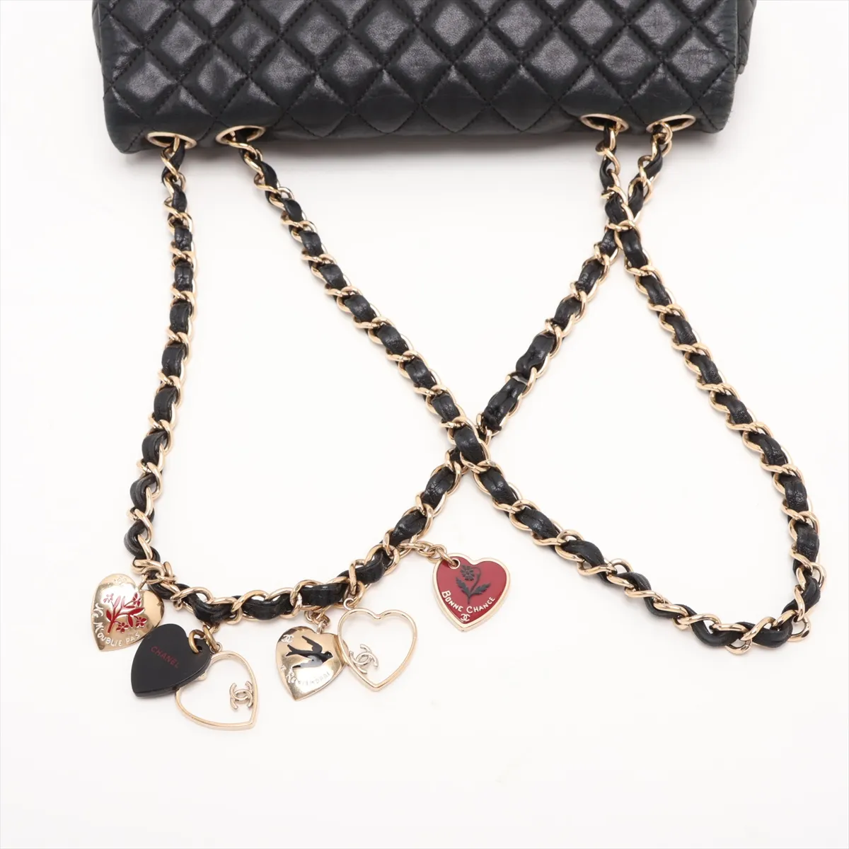 Matelassé Leather Single Flap Double Chain Bag, Heart Design, Black with Gold Hardware, 13361316 (Serial Number 13) — view 5