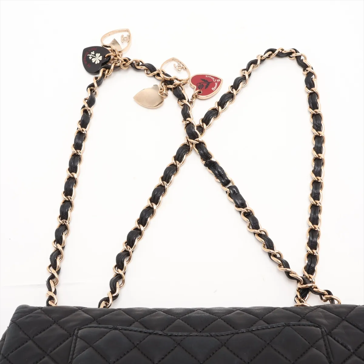 Matelassé Leather Single Flap Double Chain Bag, Heart Design, Black with Gold Hardware, 13361316 (Serial Number 13) — view 6