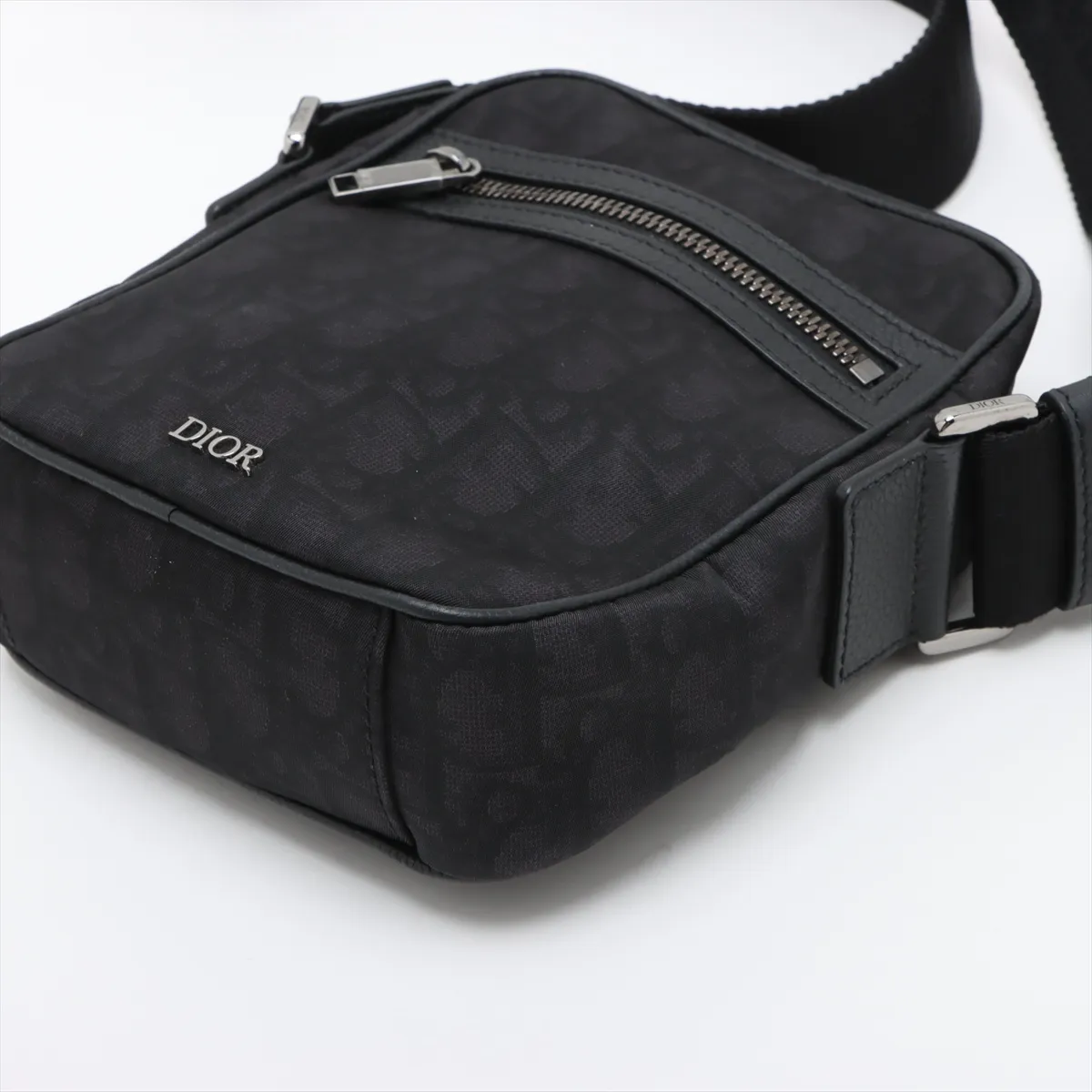 Oblique Nylon x Leather Shoulder Bag, Black — view 3