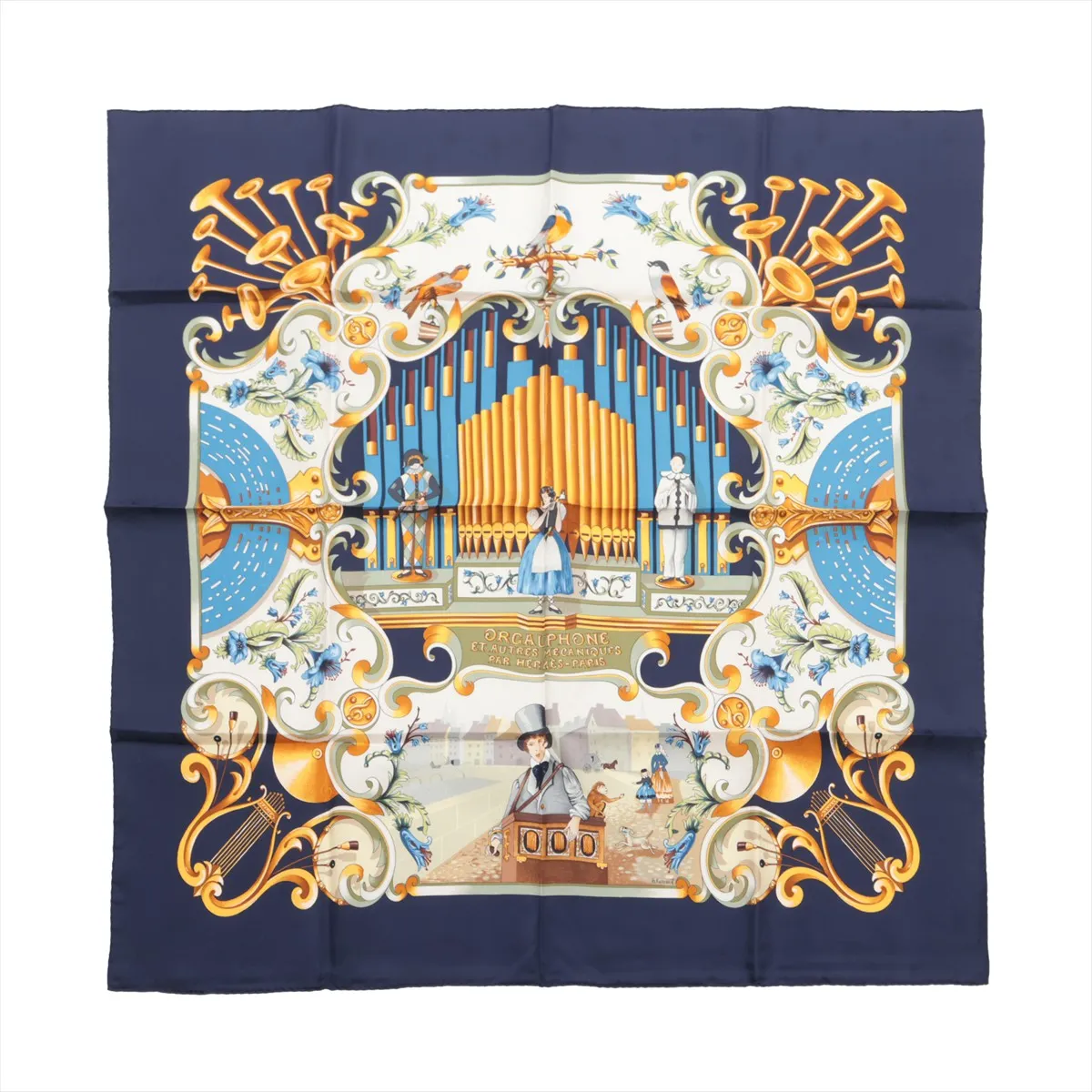 Carre 90 ORGAUPHONE ET AUTRES MECANNIQUES (Pipe Organ and Clockwork Instruments) Scarf, Silk, Navy,