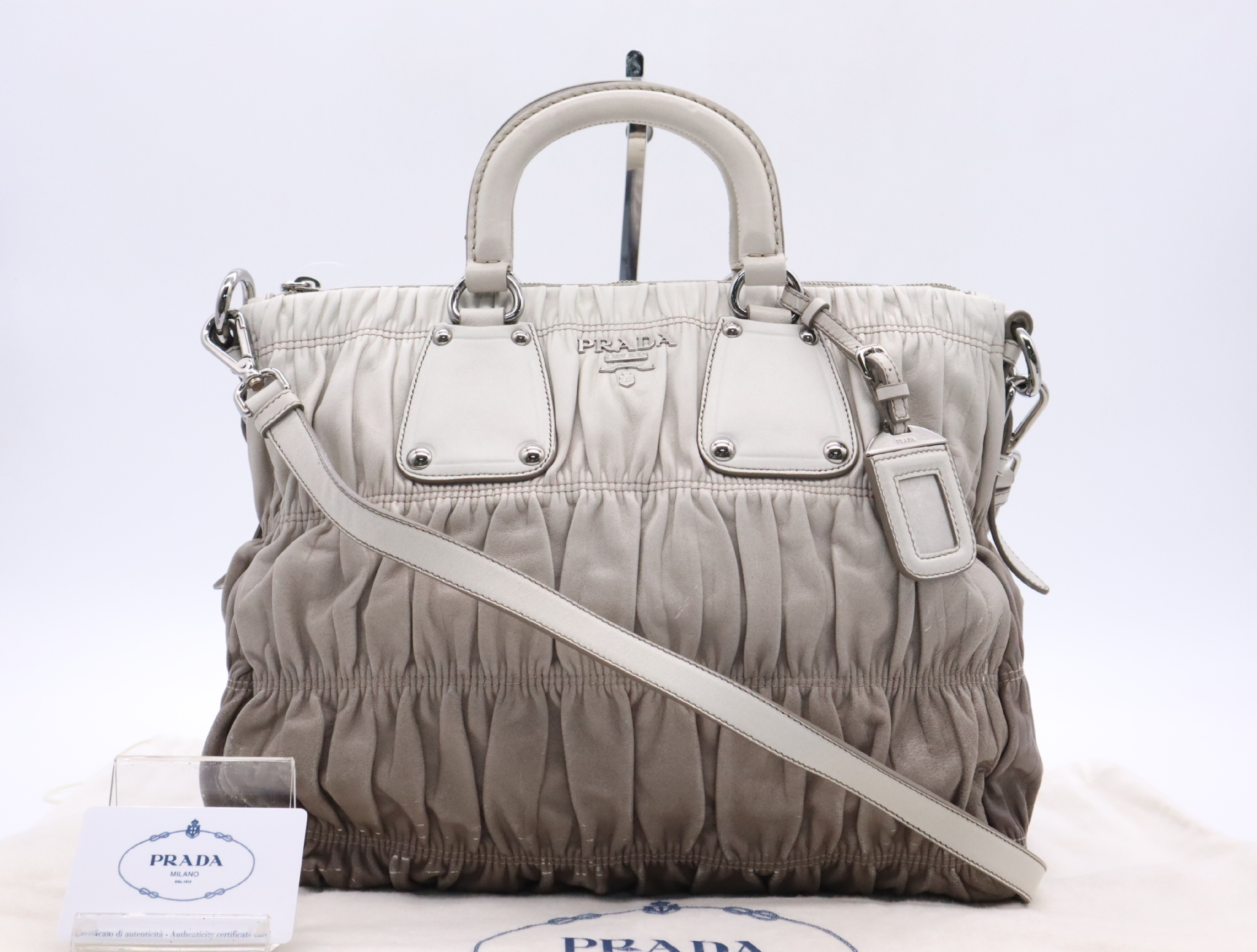 BN1936 Leather 2-Way Handbag with Shoulder Strap, Dust Bag, Charm, and Guarantee Card - Gray Handbag