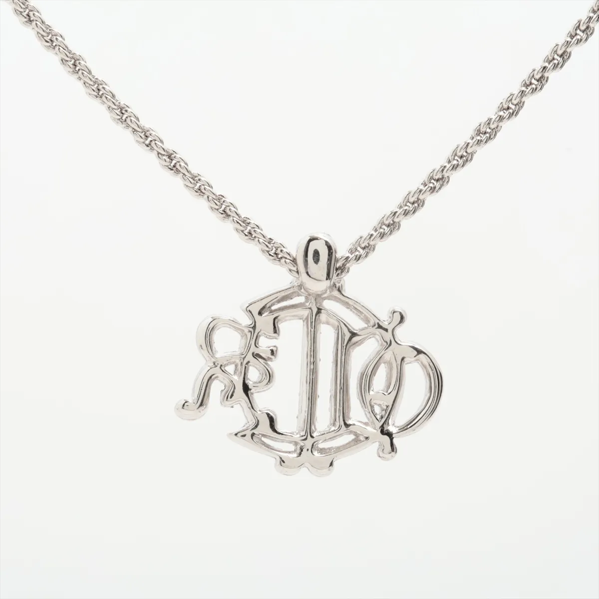 logo necklace, metal and rhinestone, silver. Shows wear, tarnishing, — view 2