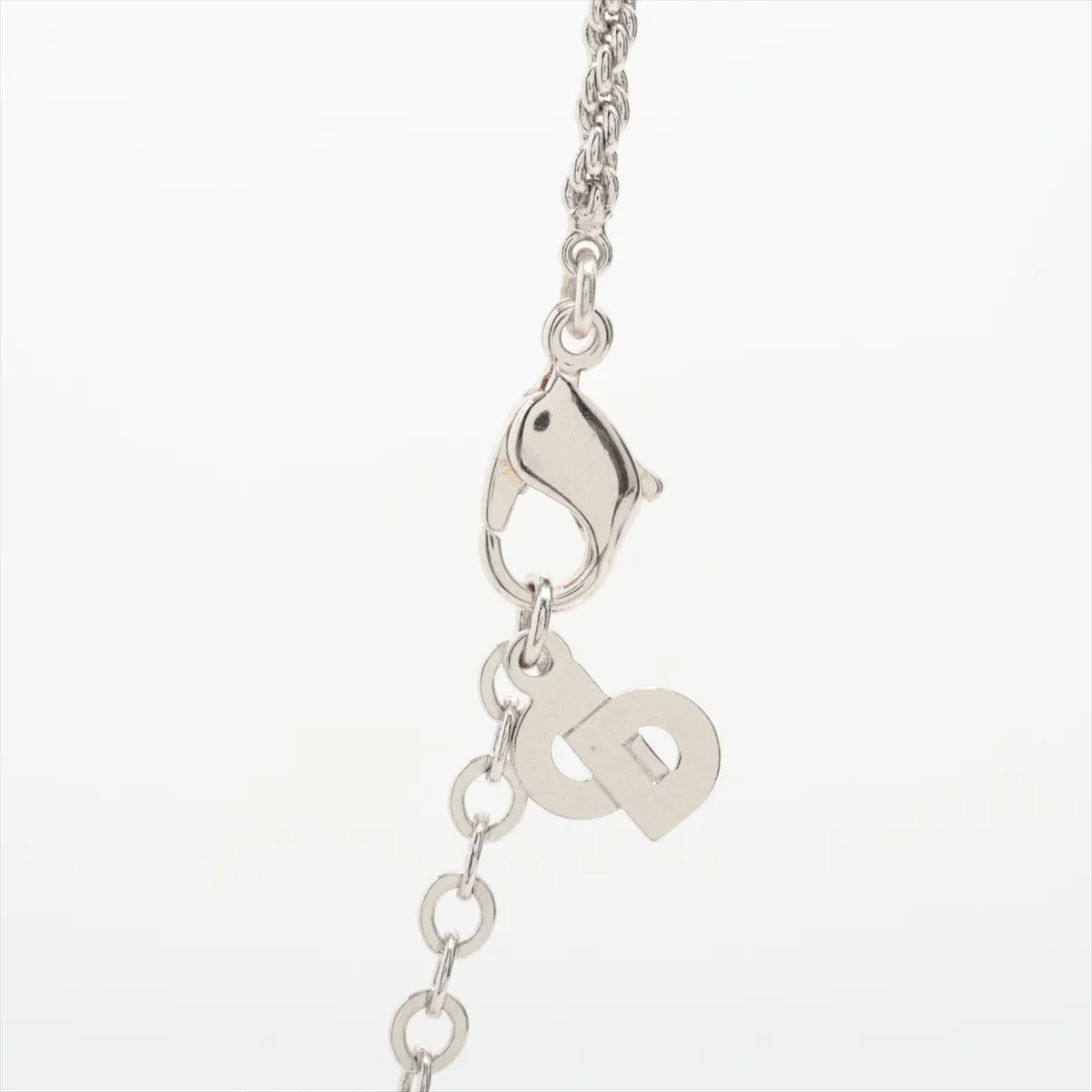 logo necklace, metal and rhinestone, silver. Shows wear, tarnishing, — view 3