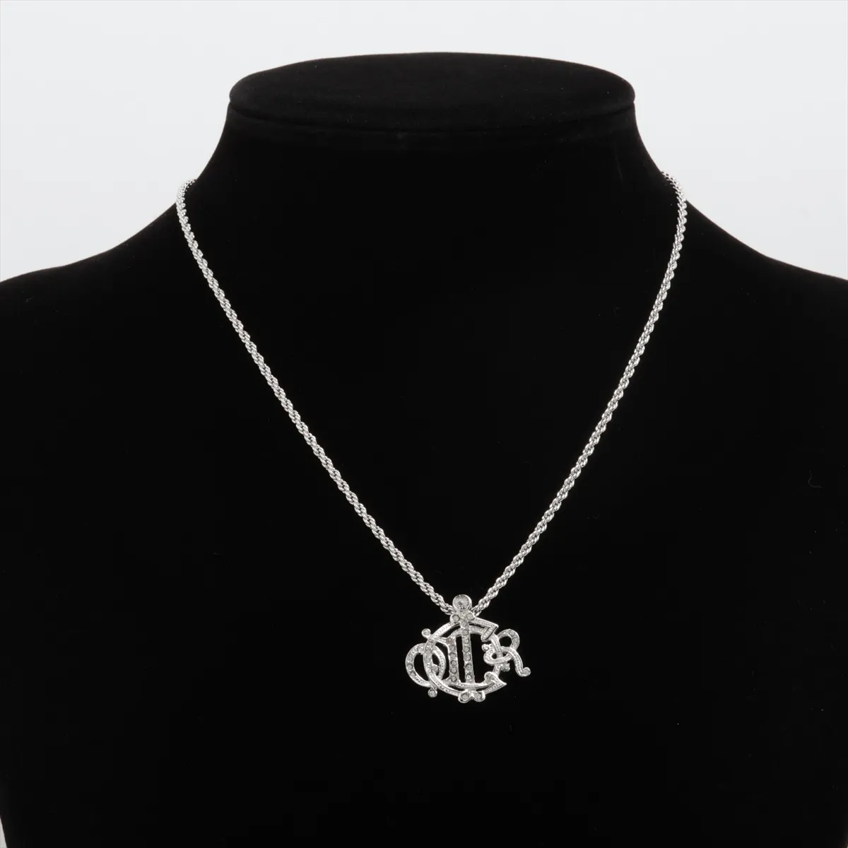 logo necklace, metal and rhinestone, silver. Shows wear, tarnishing, — view 5