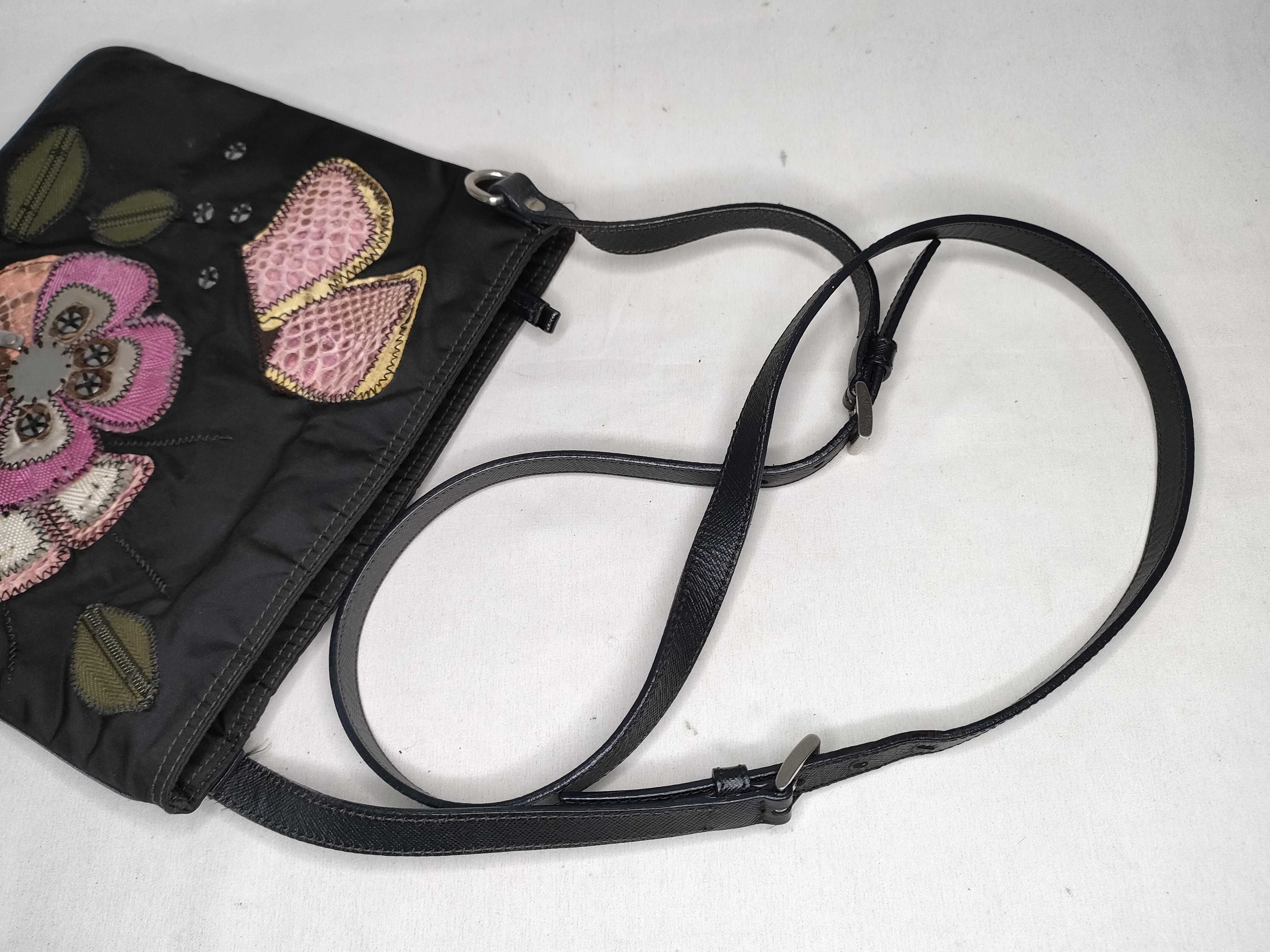 Nylon Prada Flower Embroidered Shoulder Bag Nylon Black Shoulder Bag — view 3