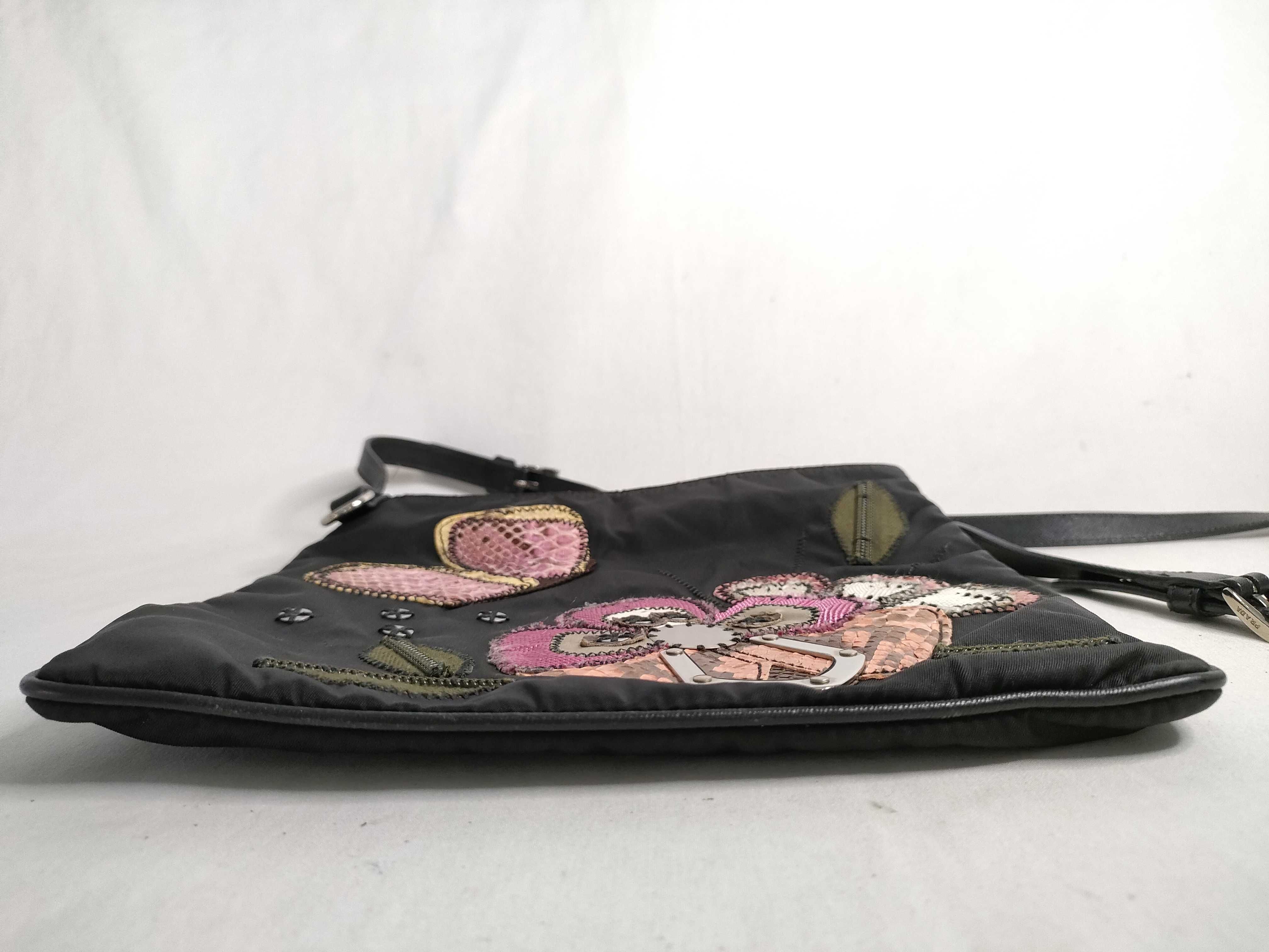 Nylon Prada Flower Embroidered Shoulder Bag Nylon Black Shoulder Bag — view 7