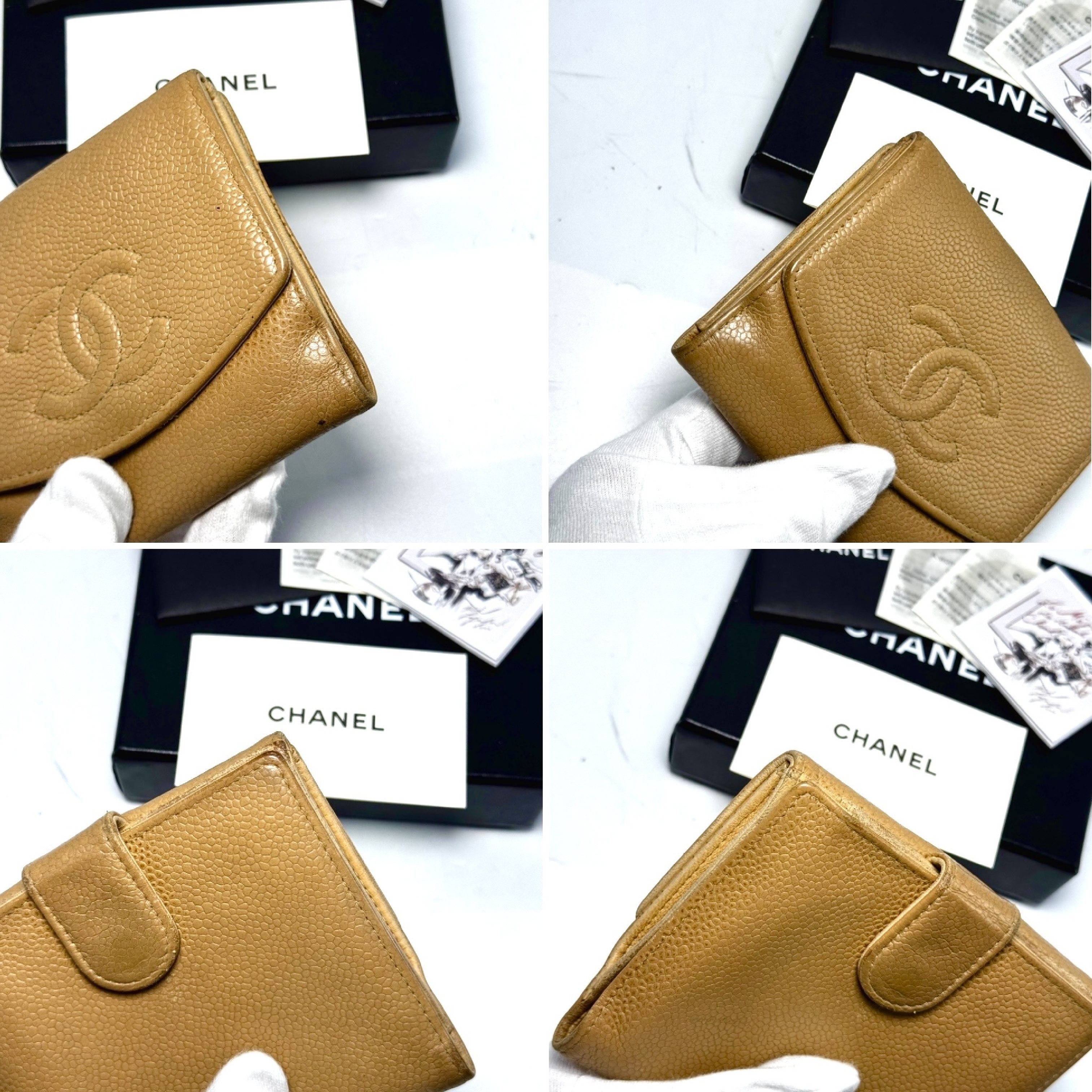 Caviar Skin Coco Mark Compact Wallet, Beige — view 6