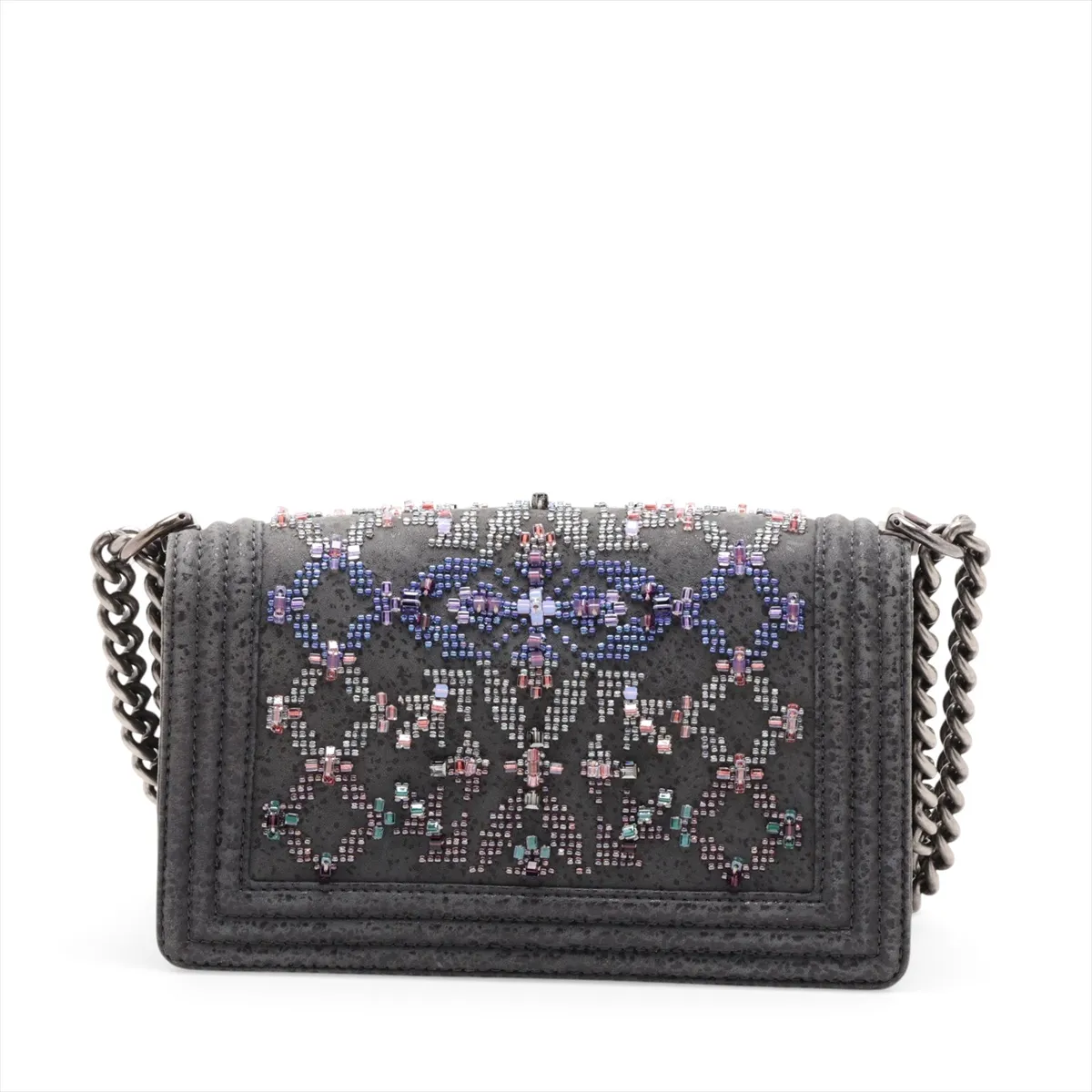 Boy Chanel 25 Leather x Bead Chain Shoulder Bag, Gray with Gunmetal Hardware, 18502485, Serial Number , A67086 — view 2
