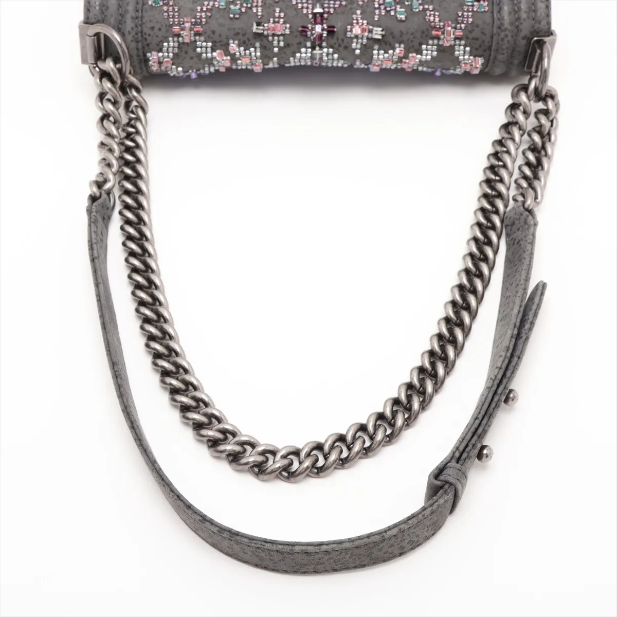Boy Chanel 25 Leather x Bead Chain Shoulder Bag, Gray with Gunmetal Hardware, 18502485, Serial Number , A67086 — view 5