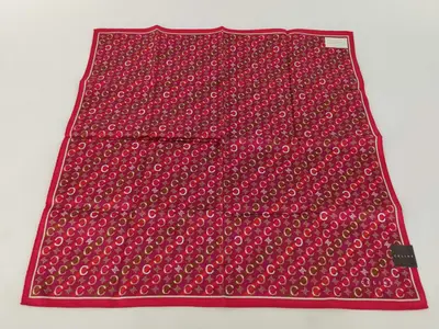 handkerchief scarf with sticker, logo, Macadam pattern, C monogram, silver glitter, red, other accessories.