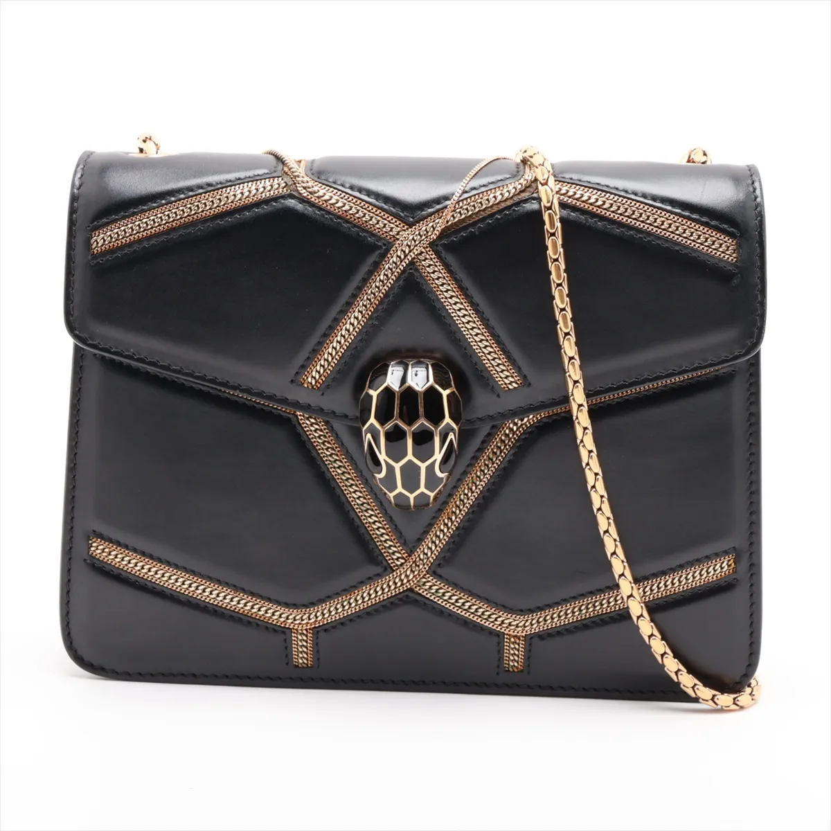 Serpenti Leather Chain Shoulder Bag, Black, with Mirror