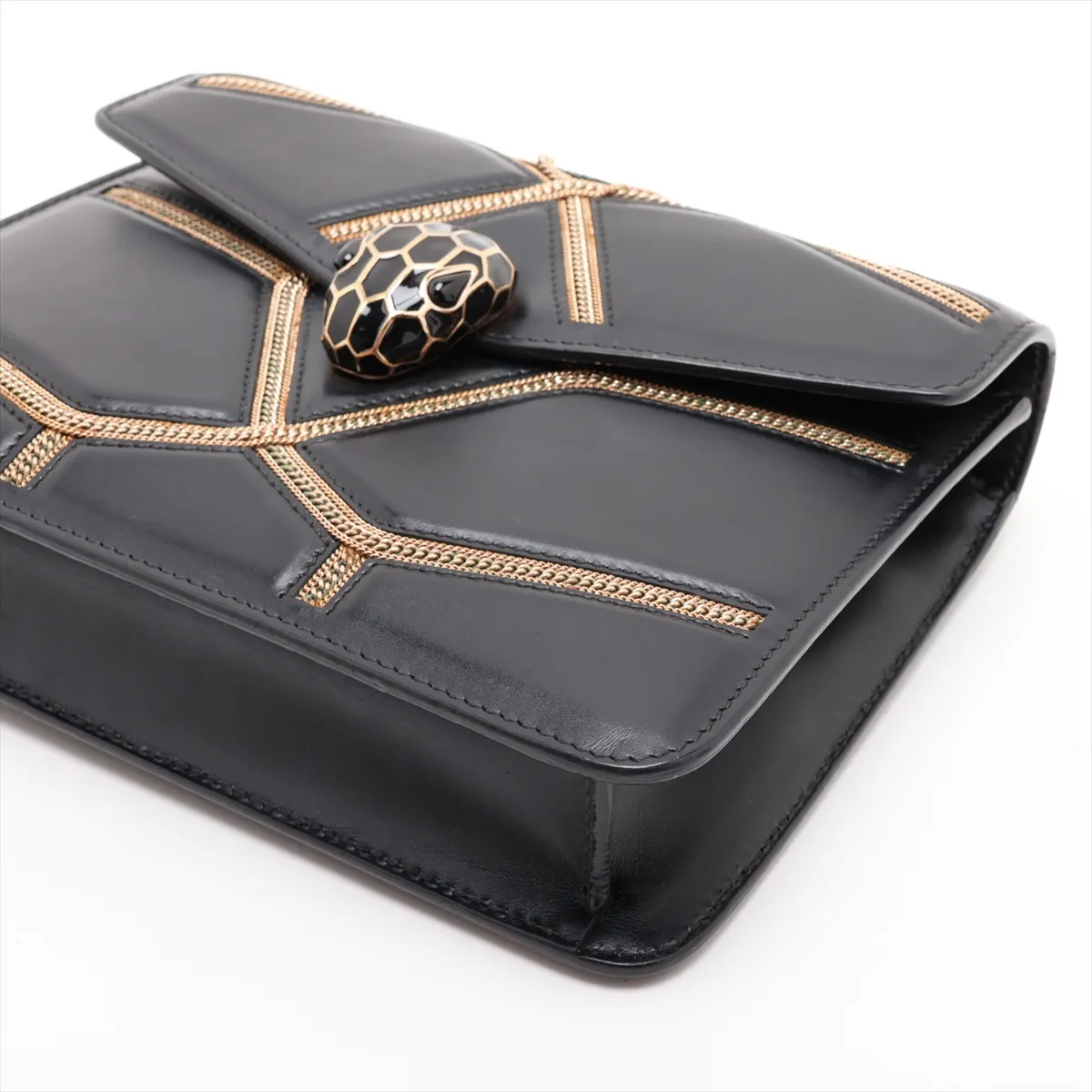 Serpenti Leather Chain Shoulder Bag, Black, with Mirror — view 3