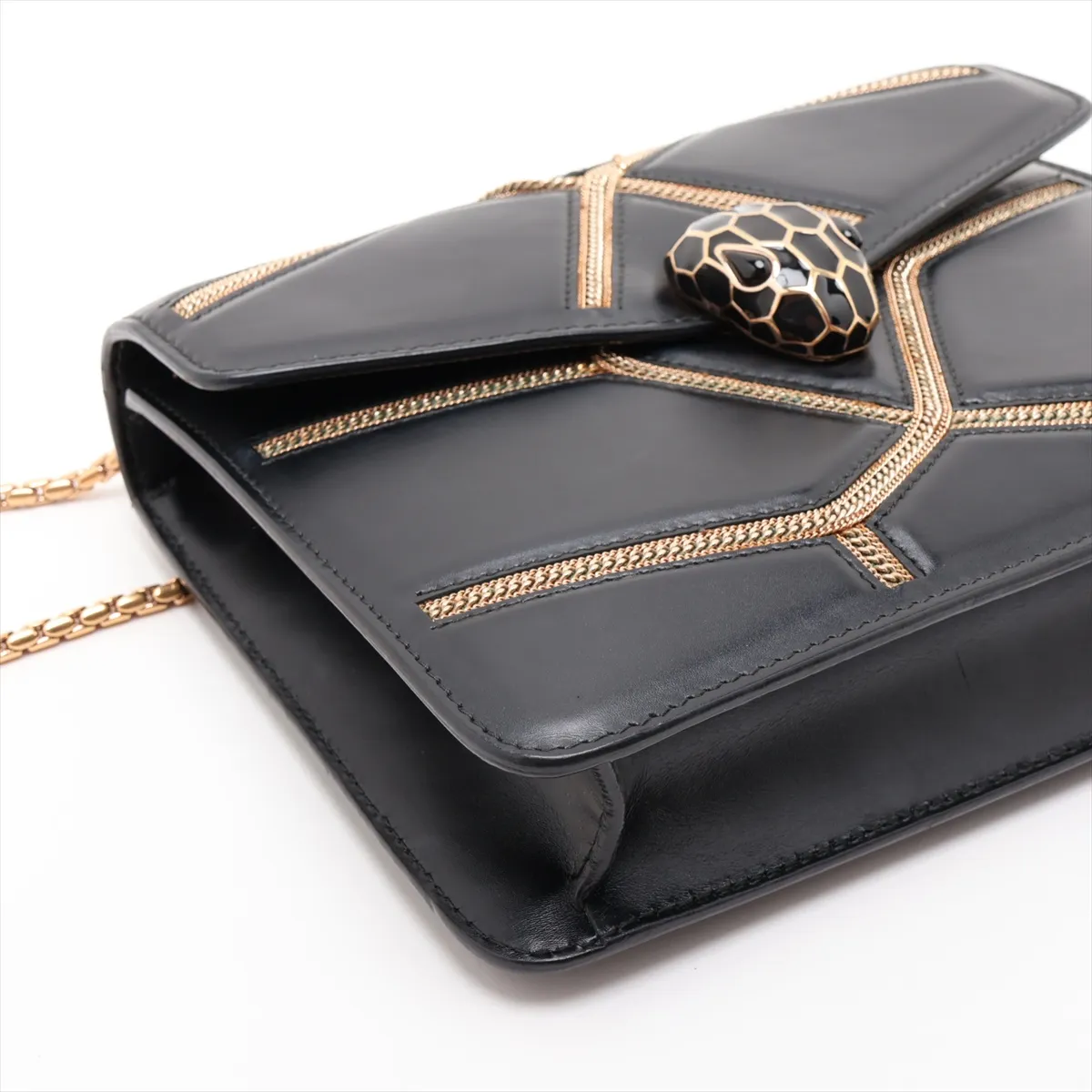 Serpenti Leather Chain Shoulder Bag, Black, with Mirror — view 4