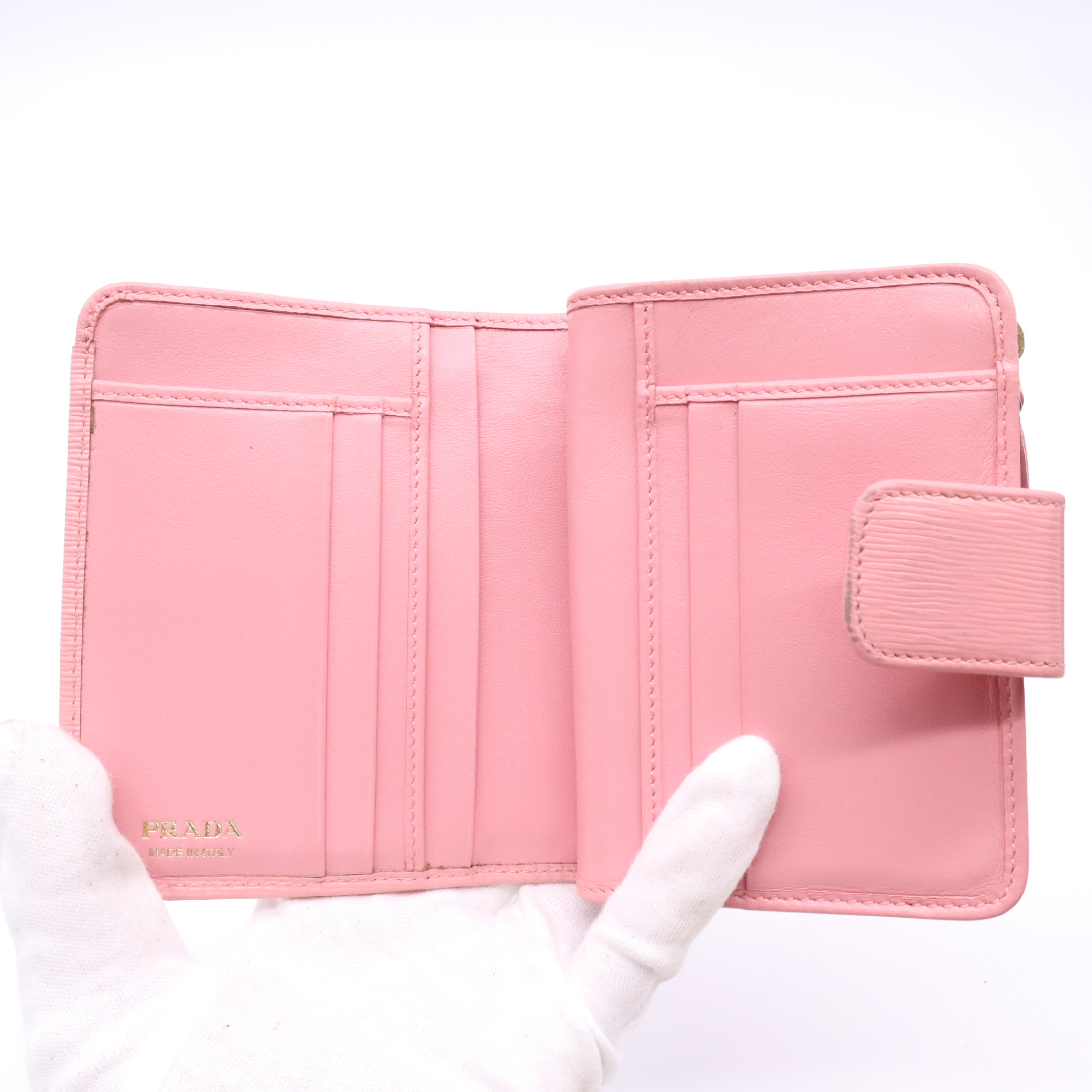 1ML018 Saffiano Leather Compact Wallet, Pink, with Box. — view 10