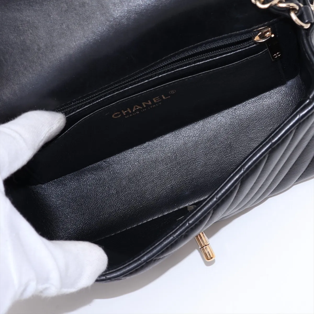 Chevron Lambskin Single Flap Single Chain Bag, V-stitch, Black, Silver Hardware, 24180288, Serial Number 24 — view 6