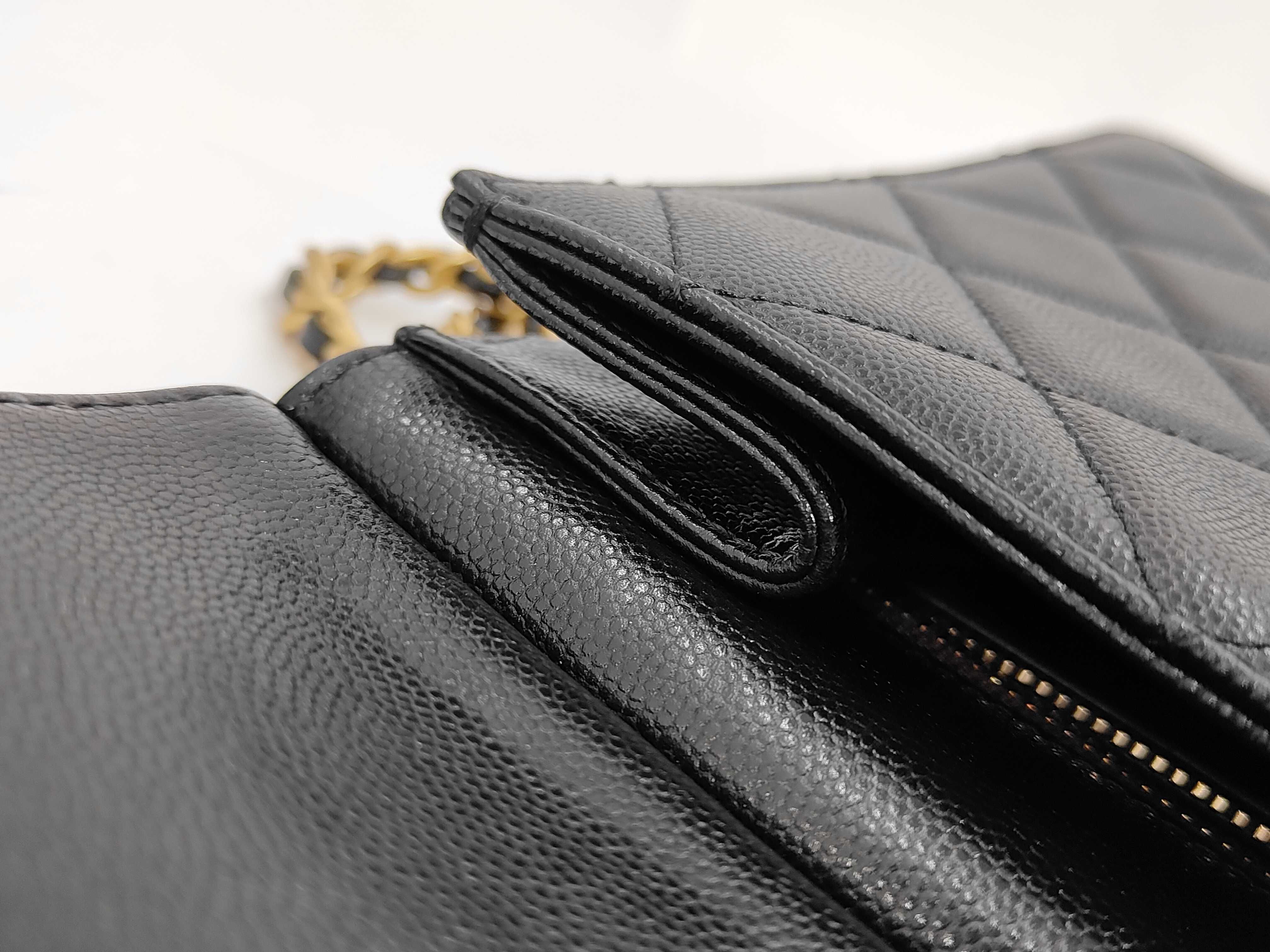 Matelassé Caviar Skin Chain-Around Backpack with Gold Hardware and Serial Number Plate, Black Shoulder Bag — view 13