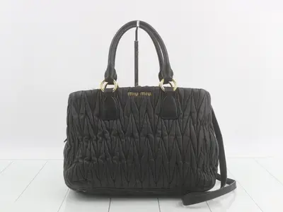 Leather Matelassé 2-Way Handbag, Black, Gold Hardware
