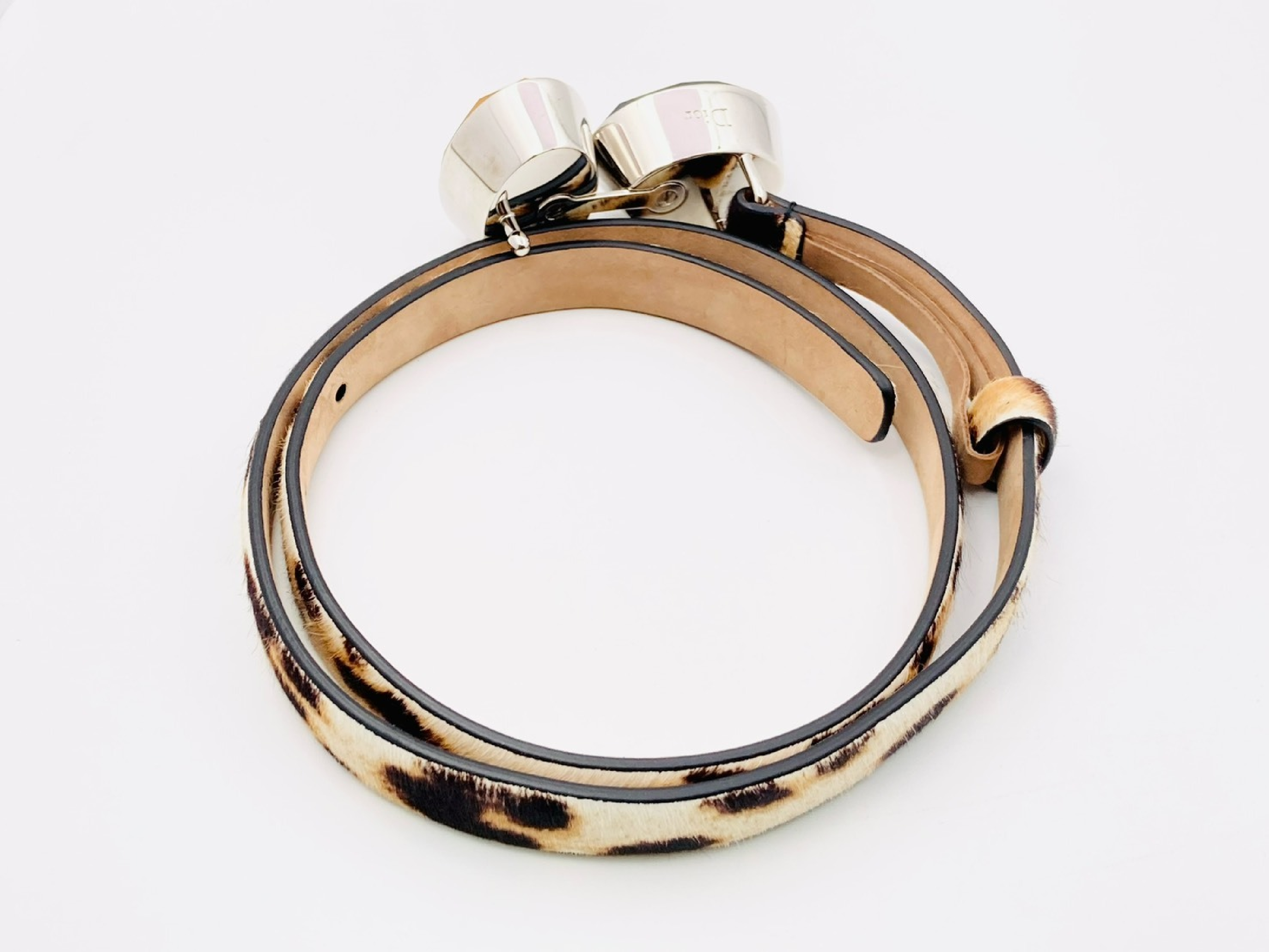 Oval Jewel Buckle Leopard Print Calfskin Slim Leather Belt #S Belt — view 2