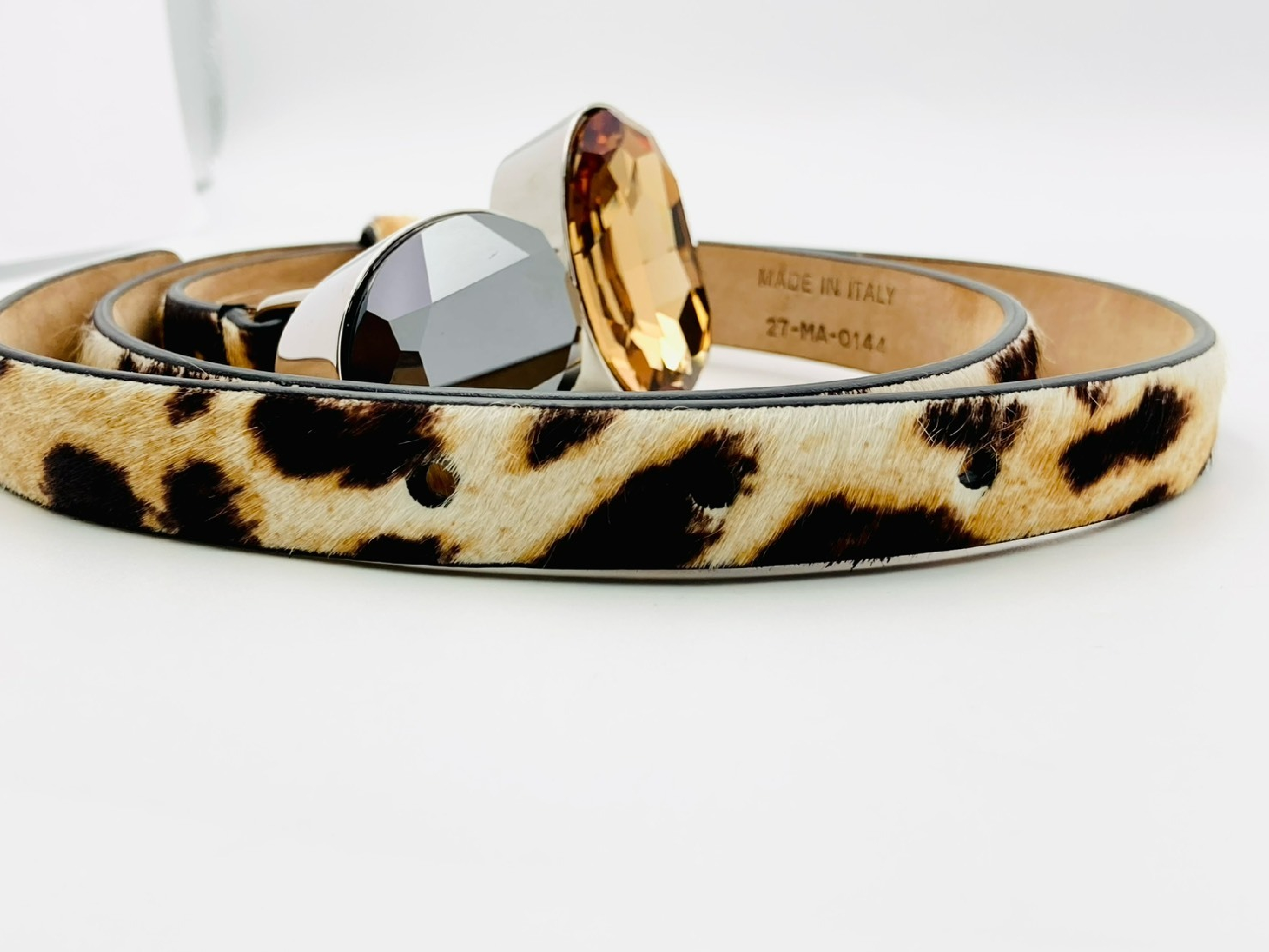 Oval Jewel Buckle Leopard Print Calfskin Slim Leather Belt #S Belt — view 6