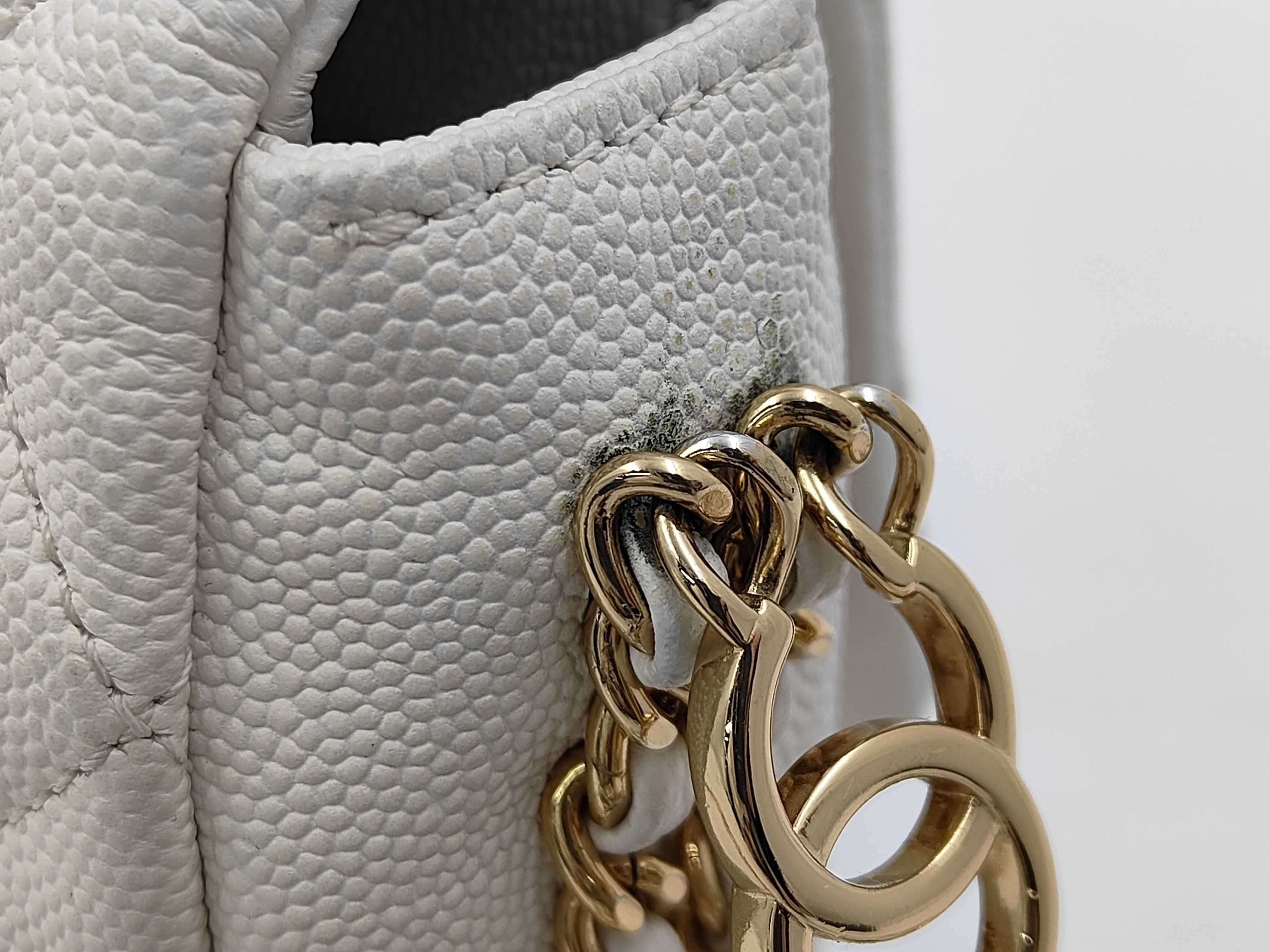 Matelassé Chain Shoulder Bag, Caviar Leather, White — view 5