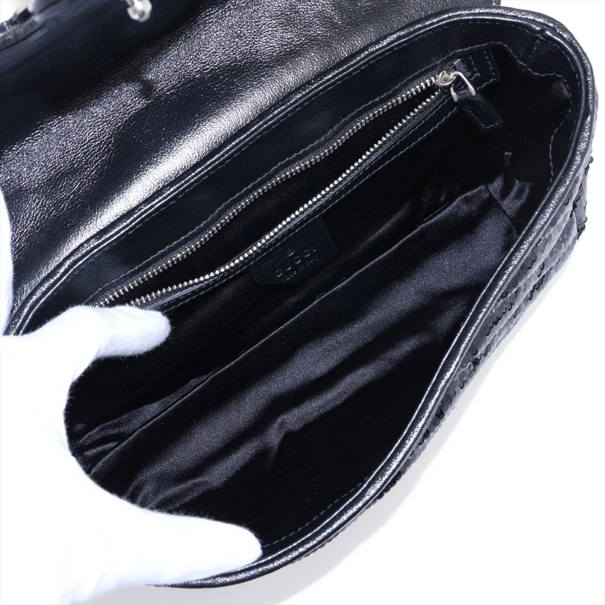 GG Marmont 443497 Sequin and Leather Chain Shoulder Bag, Black — view 7