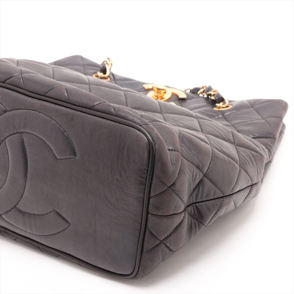Matelassé Lambskin Chain Shoulder Bag, Black with Gold Hardware — view 3