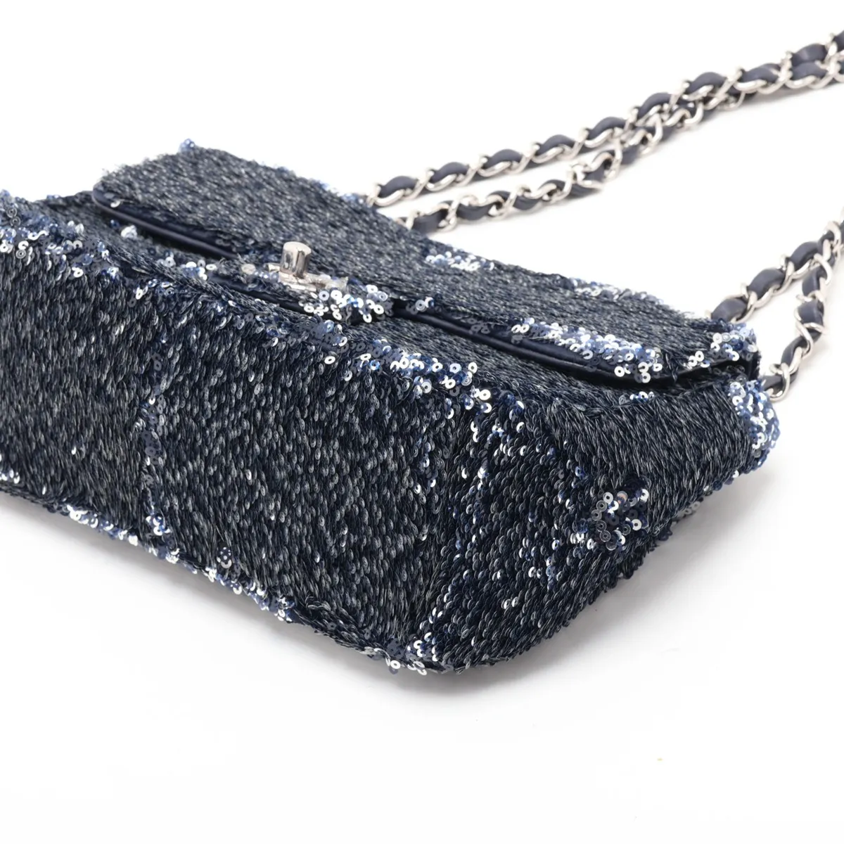 Coco Mark Sequin x Leather Single Flap Double Chain Bag, Blue, Silver Hardware, 21812712, Serial Number 21 — view 3