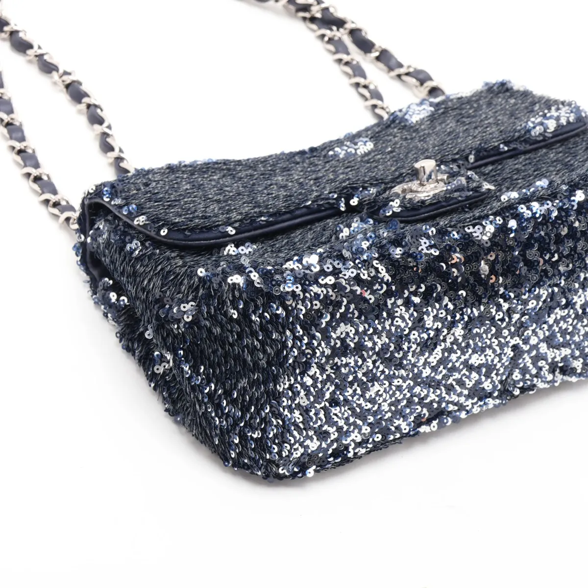 Coco Mark Sequin x Leather Single Flap Double Chain Bag, Blue, Silver Hardware, 21812712, Serial Number 21 — view 4