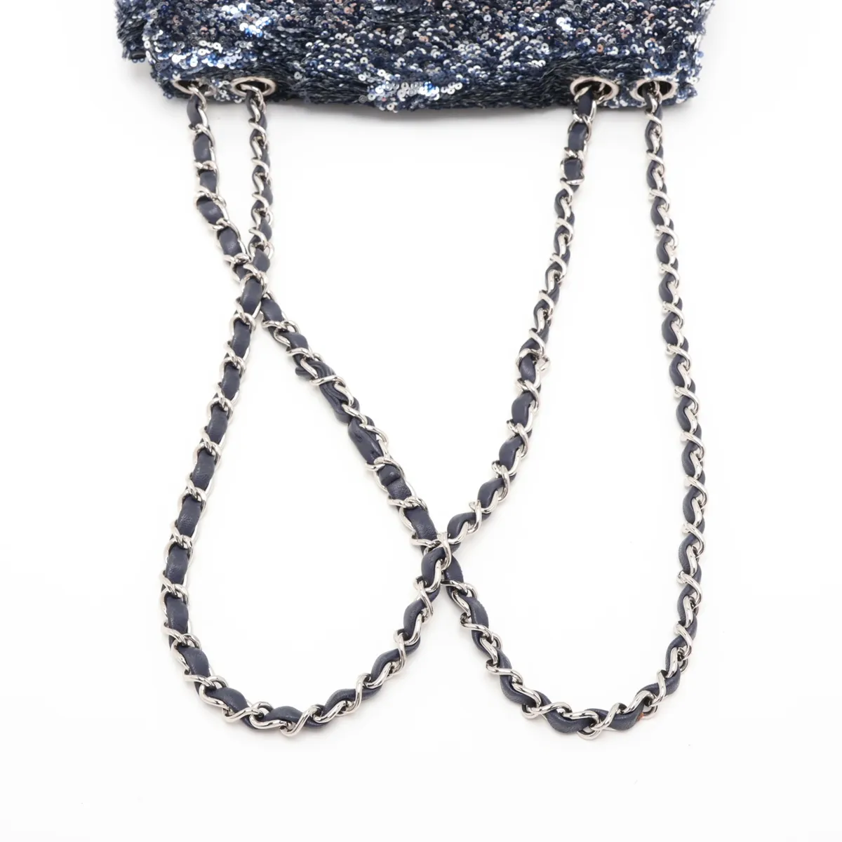 Coco Mark Sequin x Leather Single Flap Double Chain Bag, Blue, Silver Hardware, 21812712, Serial Number 21 — view 5