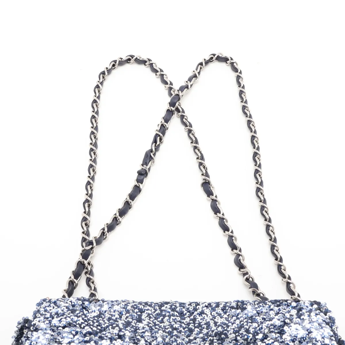 Coco Mark Sequin x Leather Single Flap Double Chain Bag, Blue, Silver Hardware, 21812712, Serial Number 21 — view 6