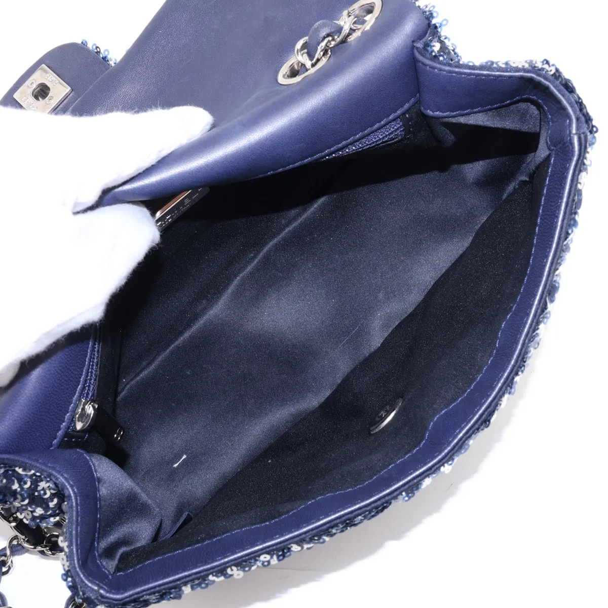 Coco Mark Sequin x Leather Single Flap Double Chain Bag, Blue, Silver Hardware, 21812712, Serial Number 21 — view 7