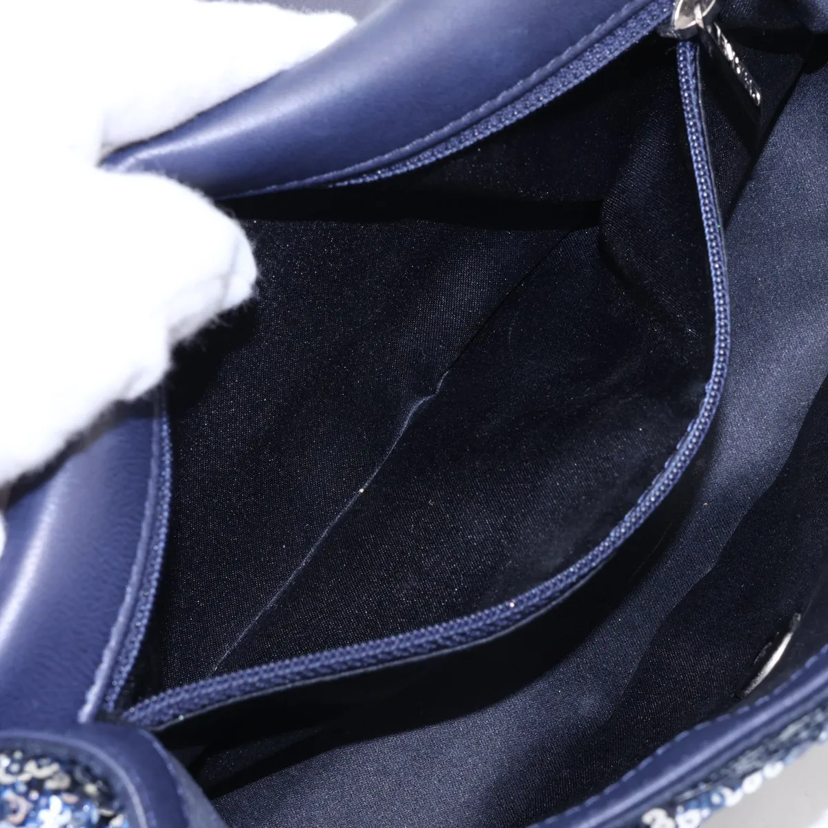 Coco Mark Sequin x Leather Single Flap Double Chain Bag, Blue, Silver Hardware, 21812712, Serial Number 21 — view 8