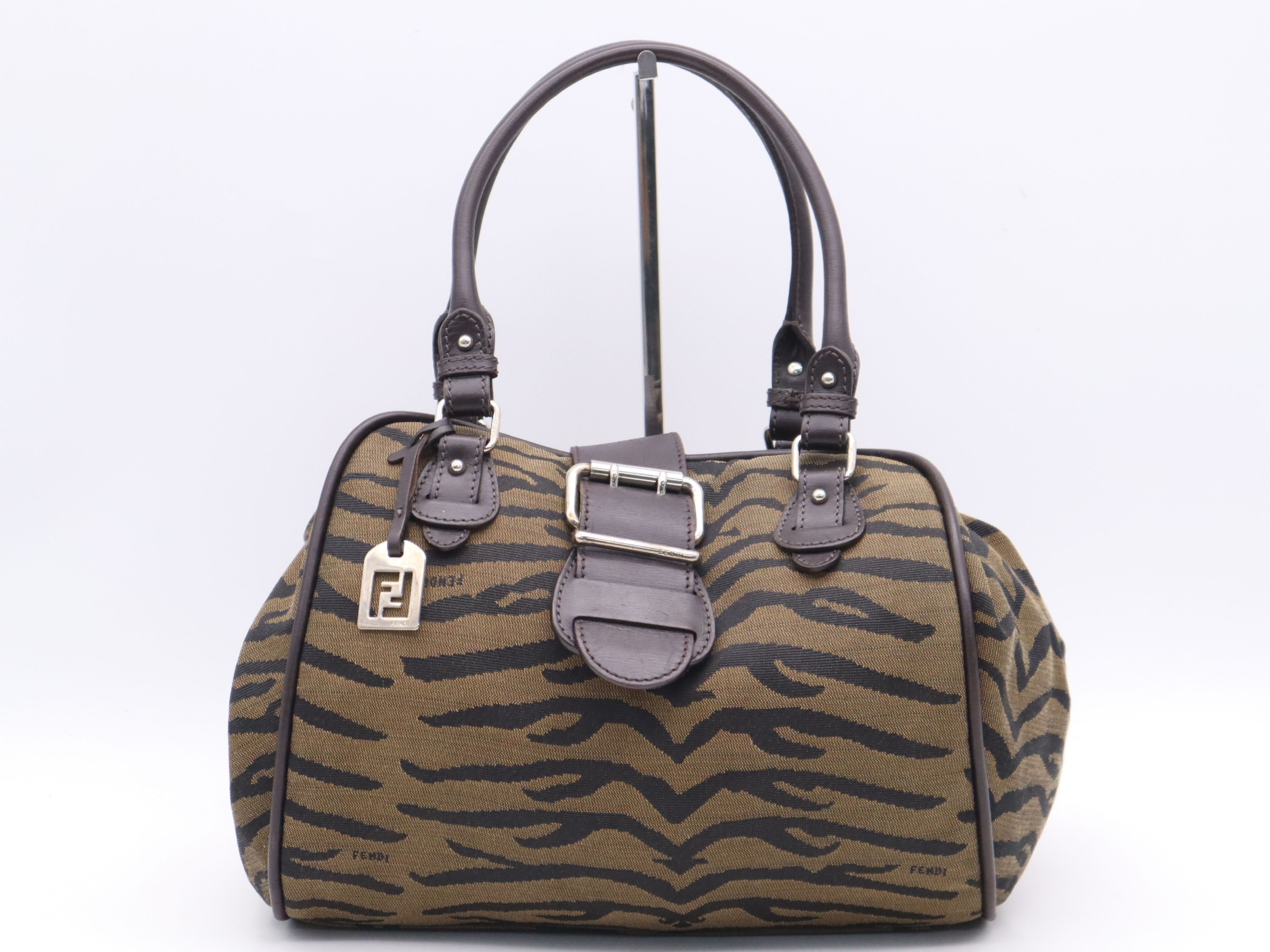 Canvas Zucca Shoulder Bag, Brown, Silver Hardware, with Charm