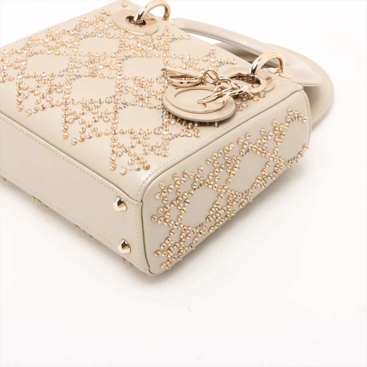 Lady Dior Mini Leather x Bead 2-Way Handbag, Beige — view 3