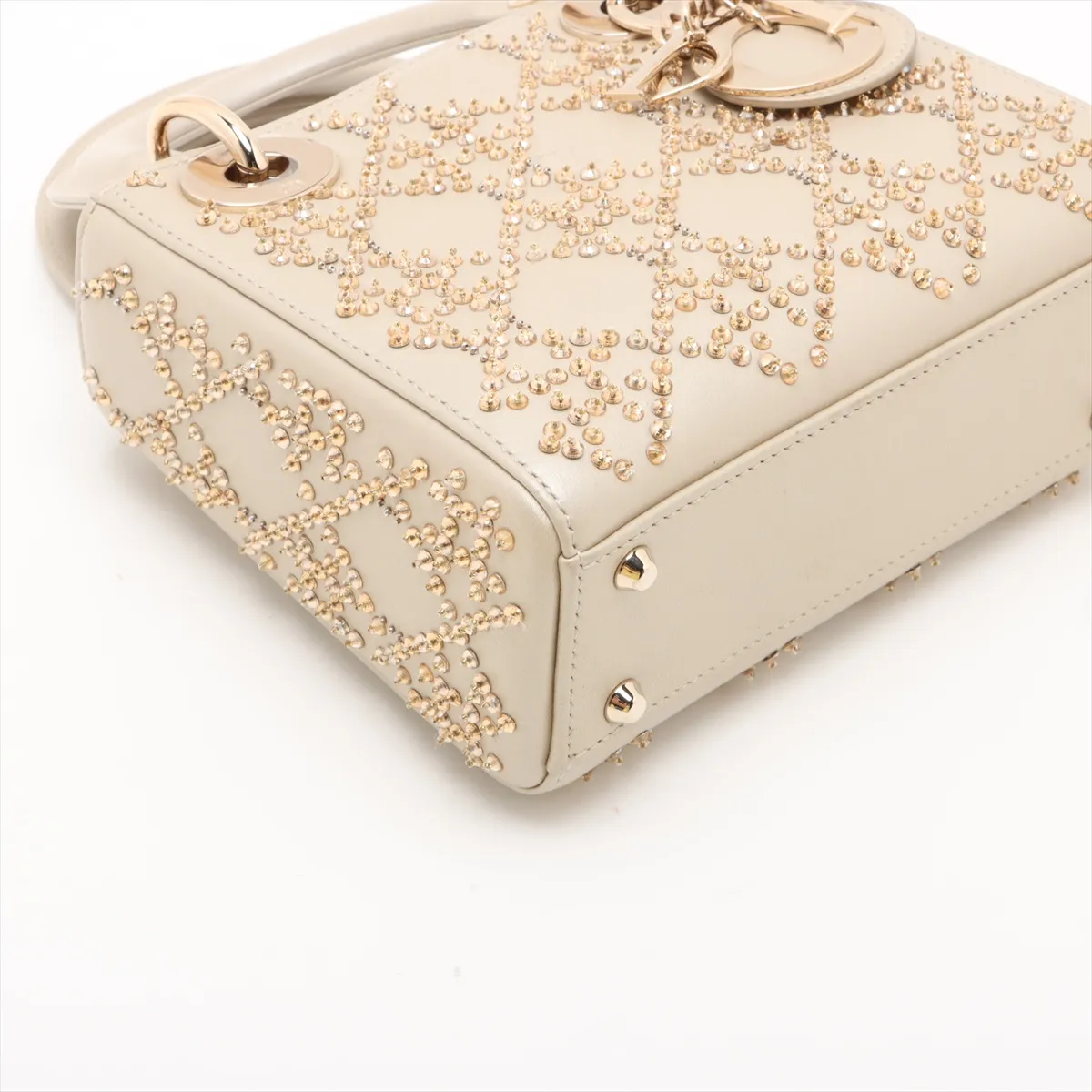 Lady Dior Mini Leather x Bead 2-Way Handbag, Beige — view 4