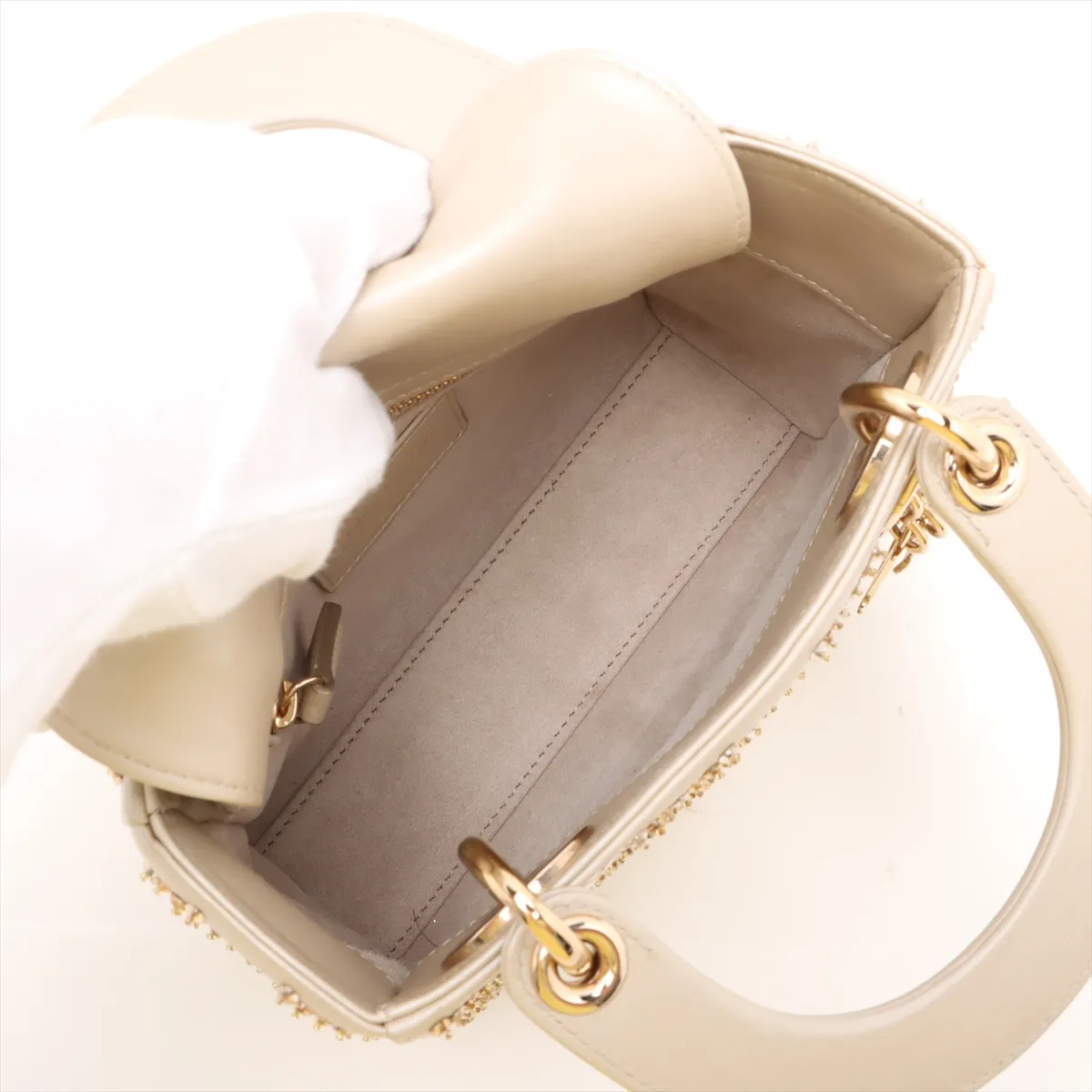 Lady Dior Mini Leather x Bead 2-Way Handbag, Beige — view 8