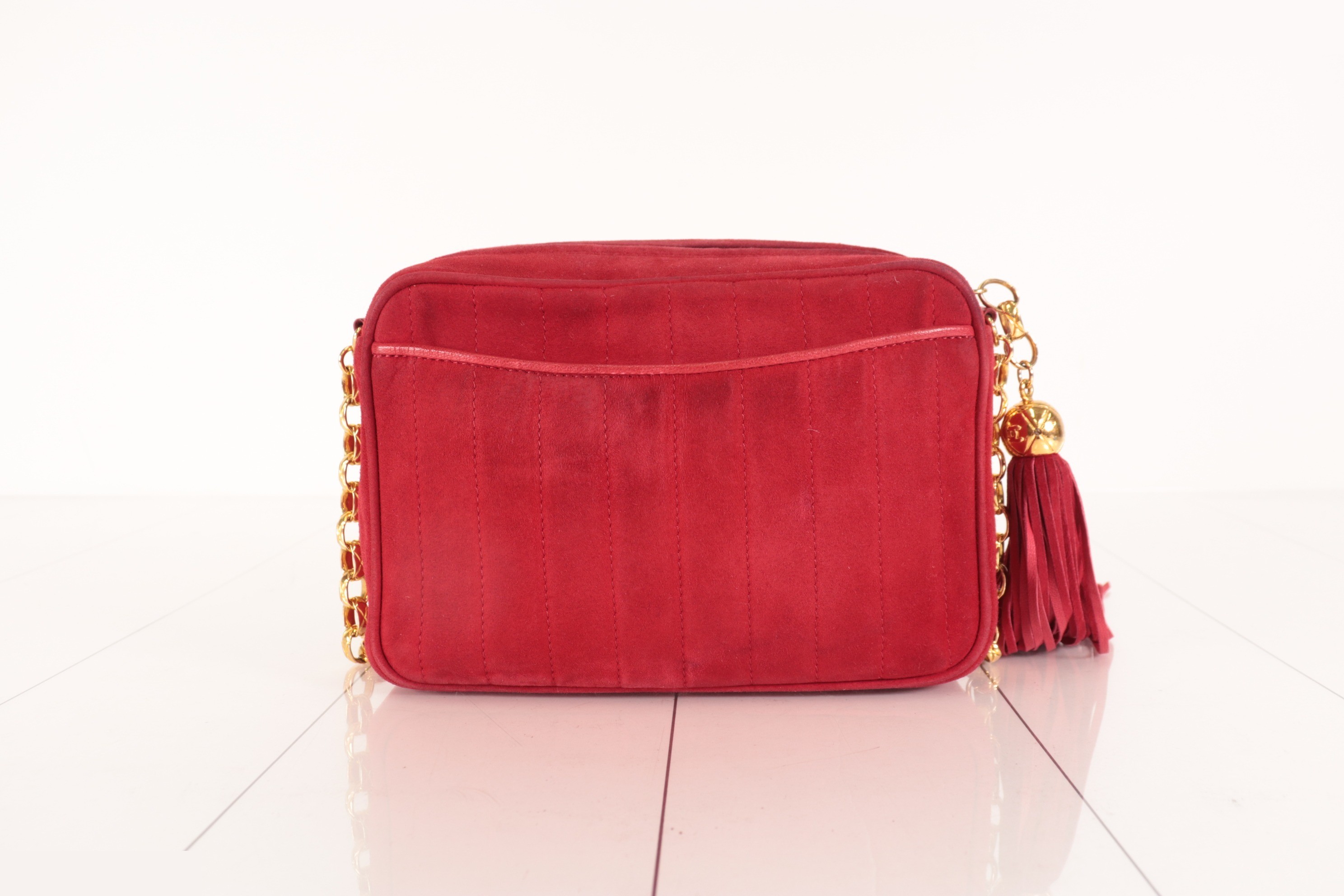 Fringe suede bejeweled chain shoulder bag, red — view 2