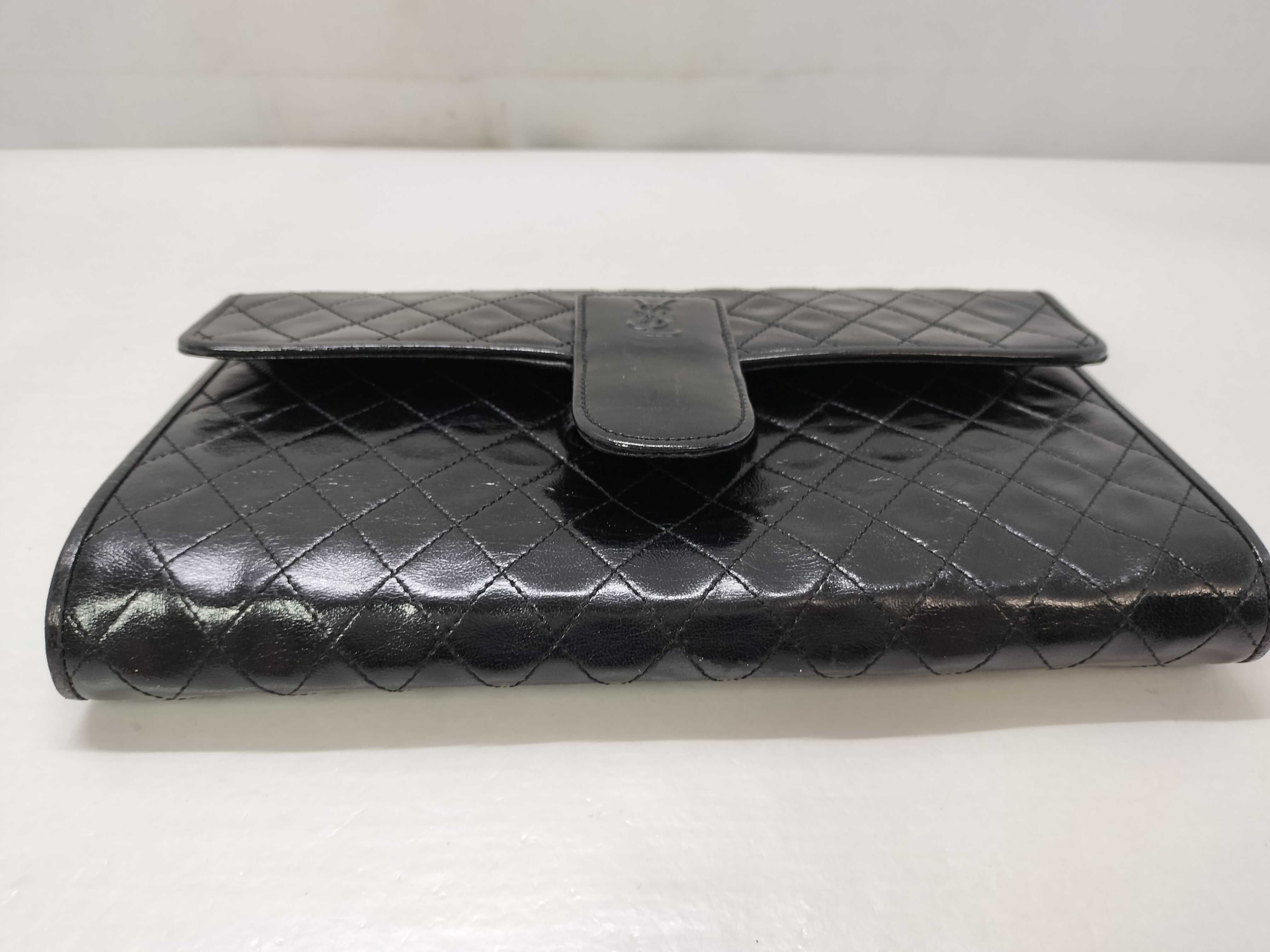 Stitch Leather Clutch Bag with YSL Logo, Black — view 11