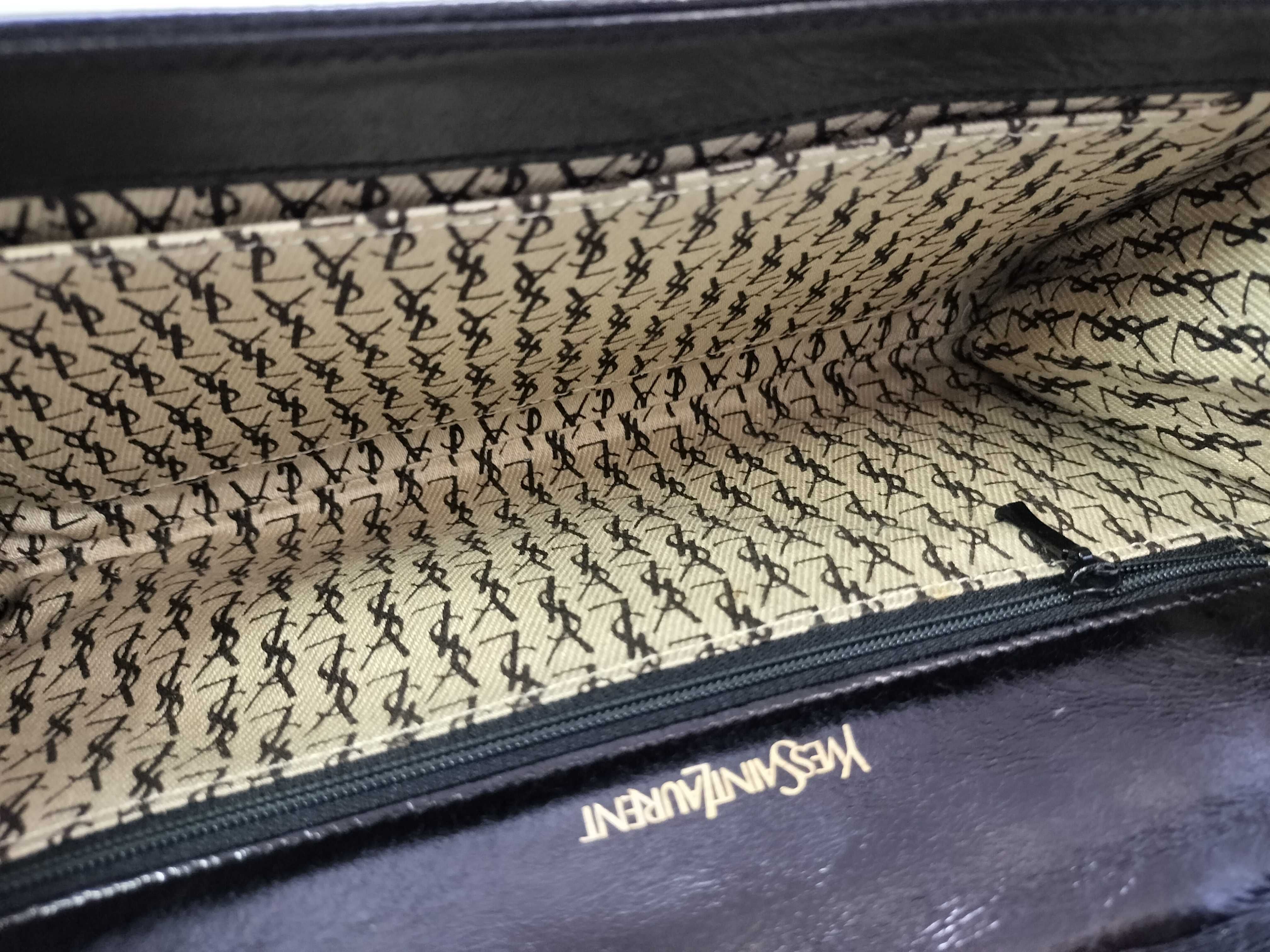 Stitch Leather Clutch Bag with YSL Logo, Black — view 4