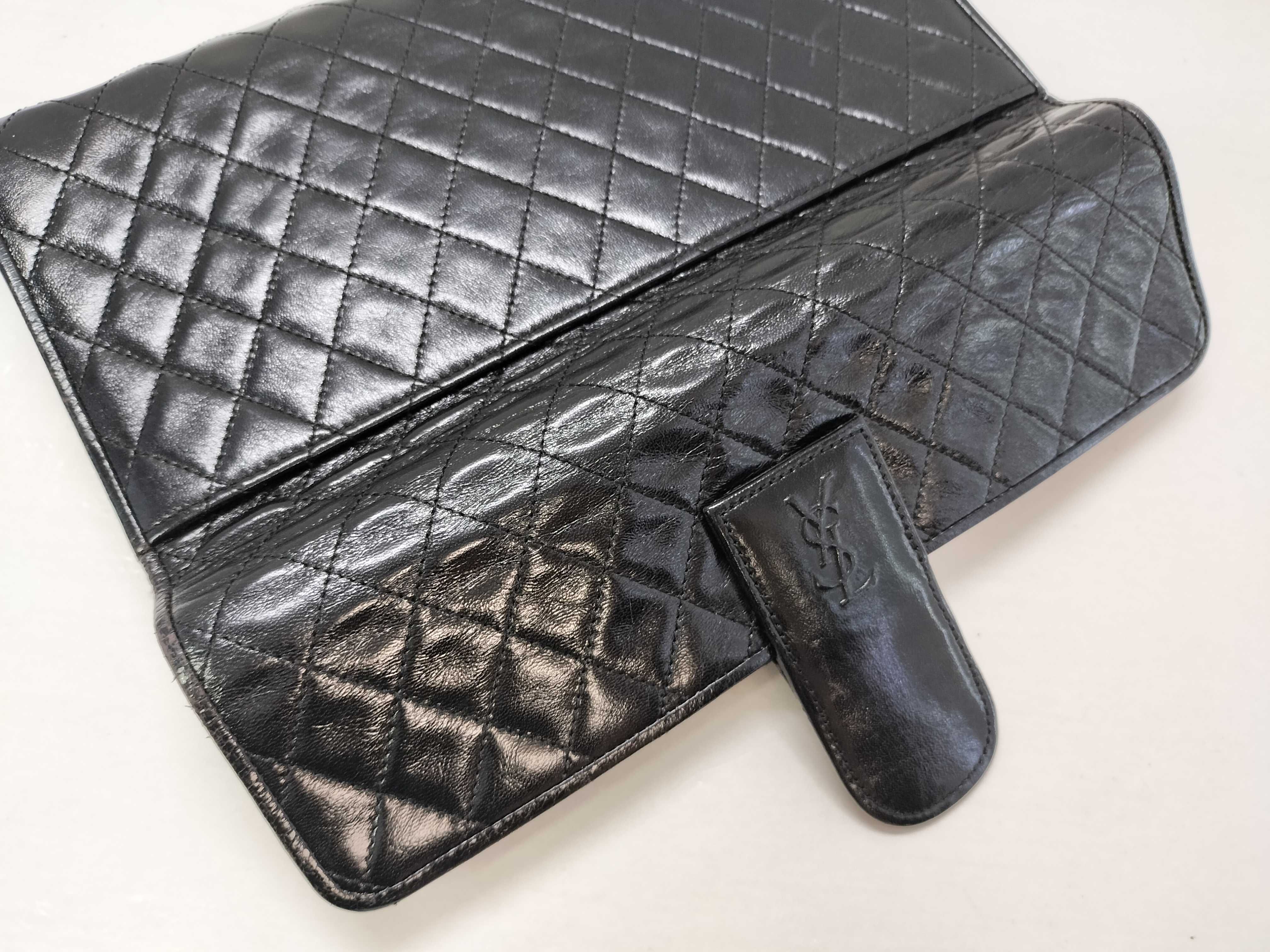 Stitch Leather Clutch Bag with YSL Logo, Black — view 10