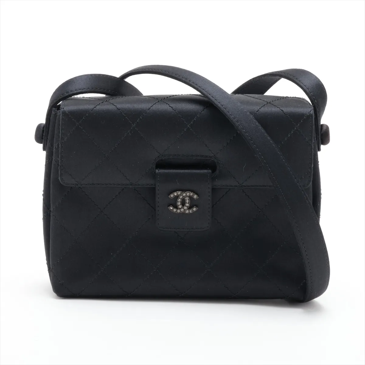 Matelassé Satin Shoulder Bag, Black with Silver Hardware, 5768612, Series 5