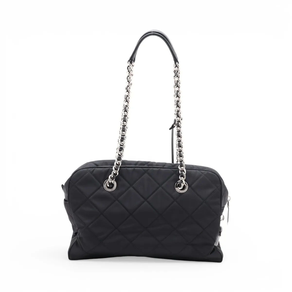 Tessuto Inpunto Nylon x Leather Chain Shoulder Bag, Black — view 2