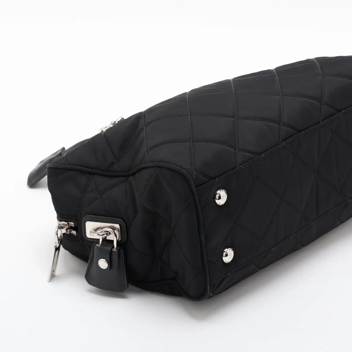 Tessuto Inpunto Nylon x Leather Chain Shoulder Bag, Black — view 4