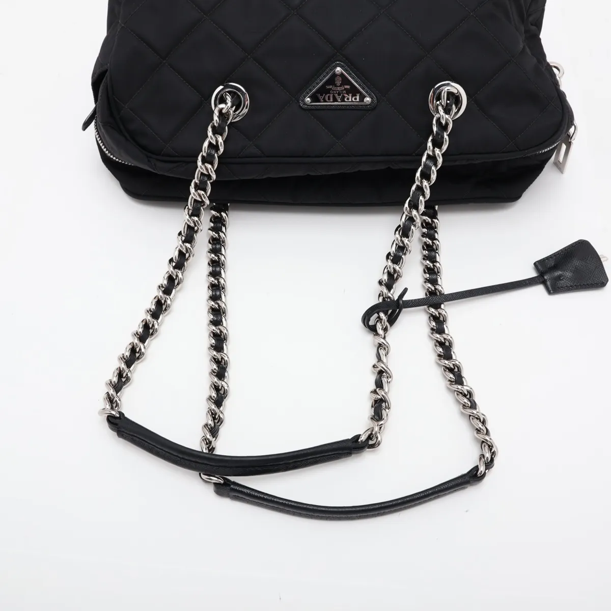Tessuto Inpunto Nylon x Leather Chain Shoulder Bag, Black — view 5