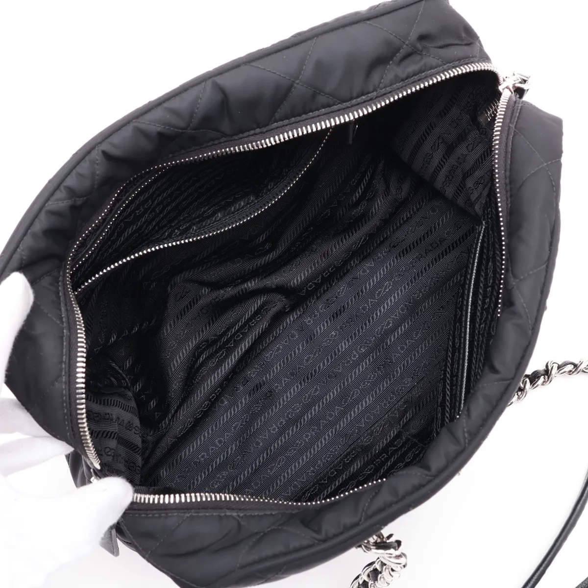 Tessuto Inpunto Nylon x Leather Chain Shoulder Bag, Black — view 7